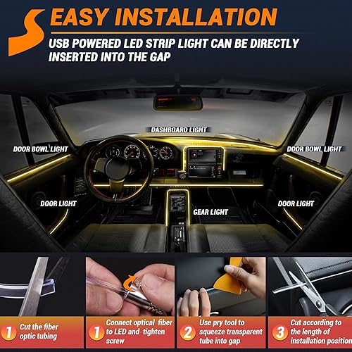 Miniatura 6 de SS VISION Tira de luces LED para interiores de automóvil de 400 pulgadas, tubo de fibra óptica alimentado por USB, RGB 8 en 1, neón para automóvil