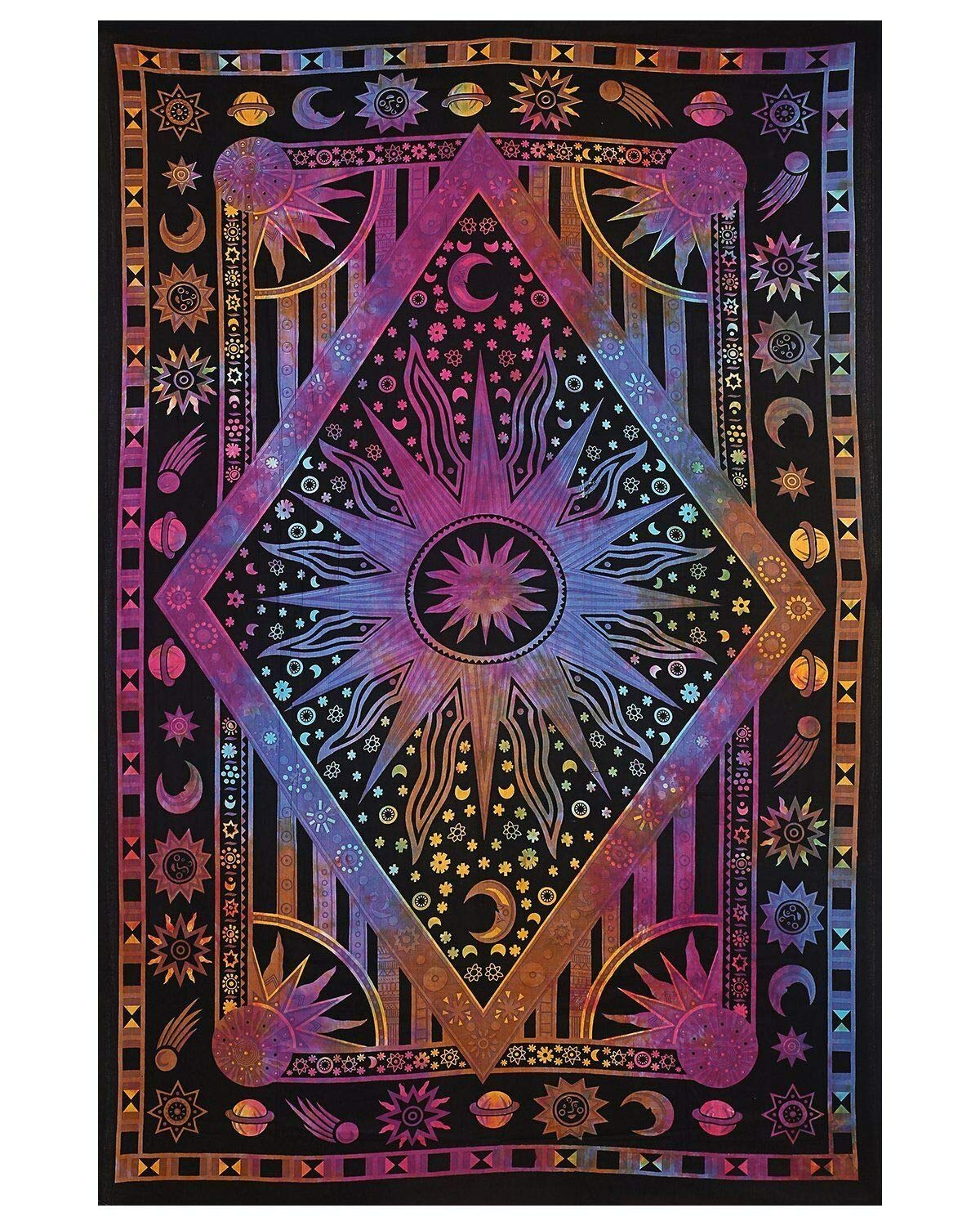 Ava Collections Multicolour Burning Sun Tapestry Wall Hangings Zodiac Sun Sign Moon Star Tapestry Multicolouured Wall Decor Small Poster Boho Decor Size 40" X 30" Inches (, Poster Size)