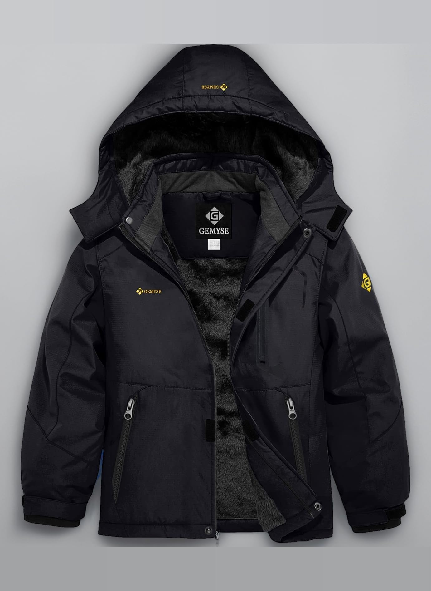 GEMYSE Boy's Winter Waterproof Ski Jacket Mountain Windproof Fleece Coat with Hood (01 Black,6-7Years,6/7)
