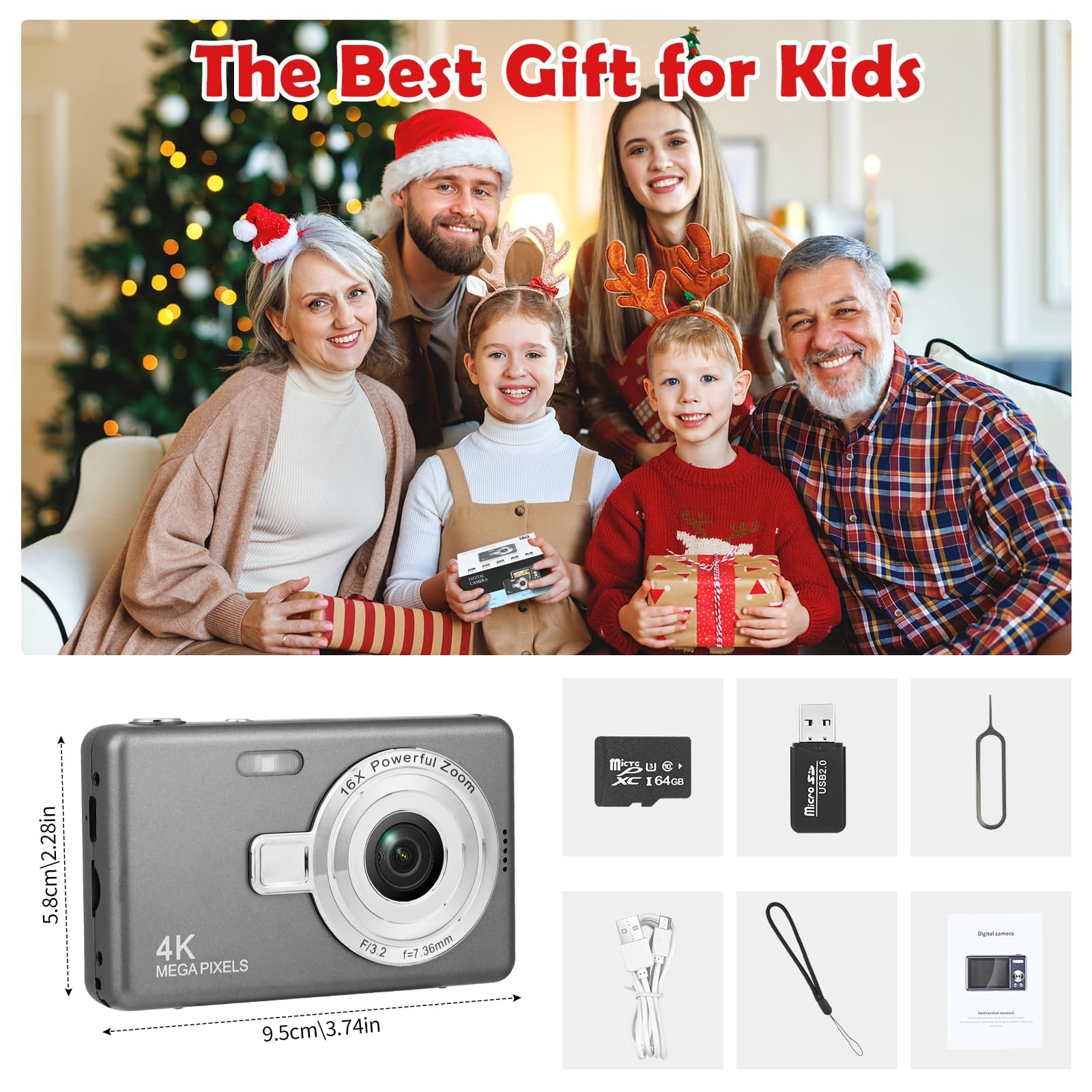 Appareil Photo Numérique, Appareil Photo Compact HD 1080P avec Carte de 64 Go, 40MP Appareil Photo 8X Zoom Numérique Rechargeable Appareil Photo Numérique pour Enfants, Débutants (Gris foncé)
