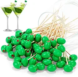 Aodaer Palitos de coquetel de azeitona 3D de 100 peças, palitos de bola temática de oliva de 12 cm para aperitivos, palitos descartáveis de espeto de sobremesa de frutas para martini, decoração de