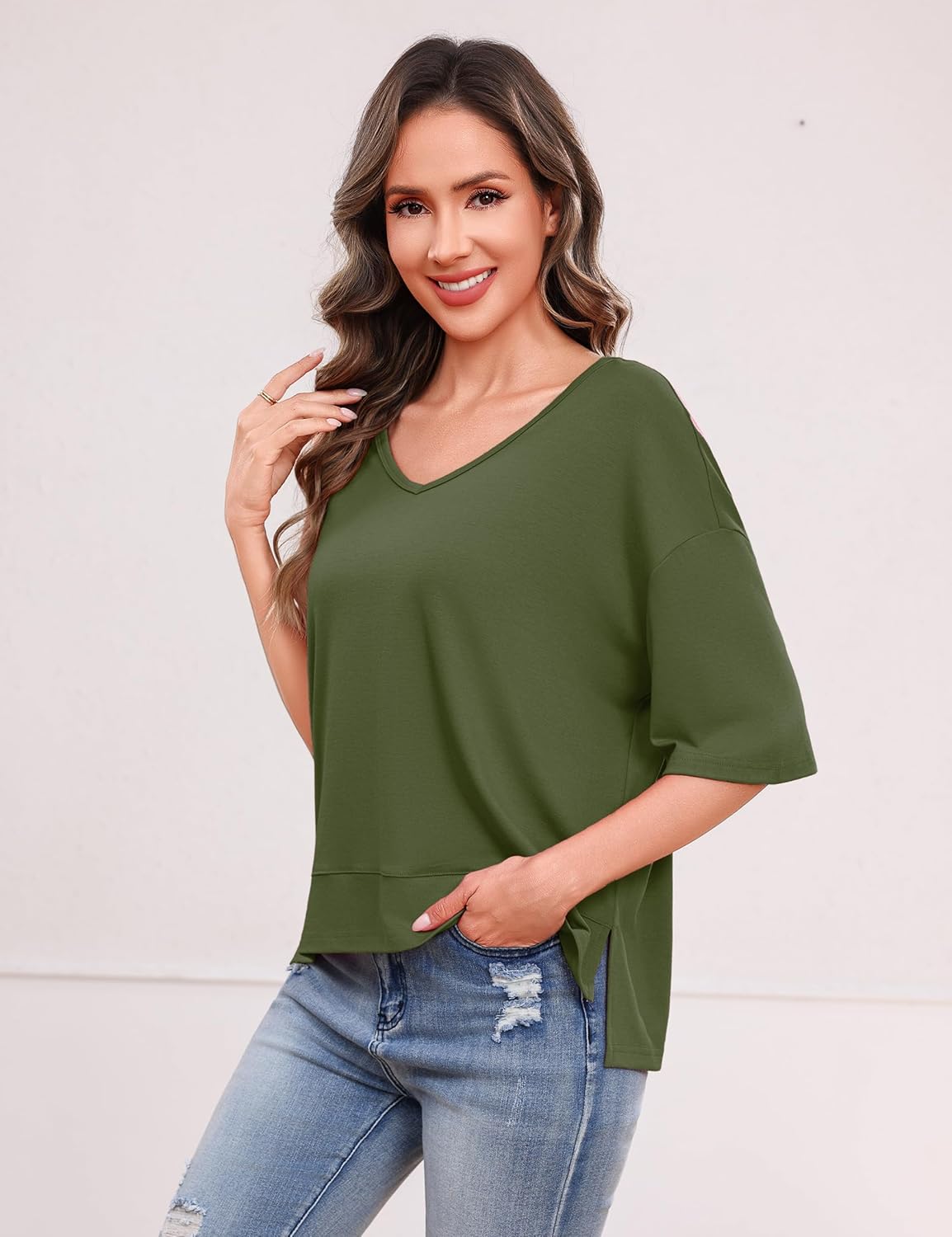 Totatuit Oversized Cropped Tshirts for Women Short Half Sleeve V Neck Tops Summer Flowy Split Hem Basic Tee Shirts - Image 2