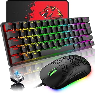 UK Layout Mechanical Gaming Keyboard RGB 14 Backlight Effects Mini 62 Keys Wired Type C + Lightweight RGB 6400DPI Honeycomb Mouse + Mouse Pad Compatible With PS4,Xbox,PC,Laptop,MAC - Black/Blue Switch