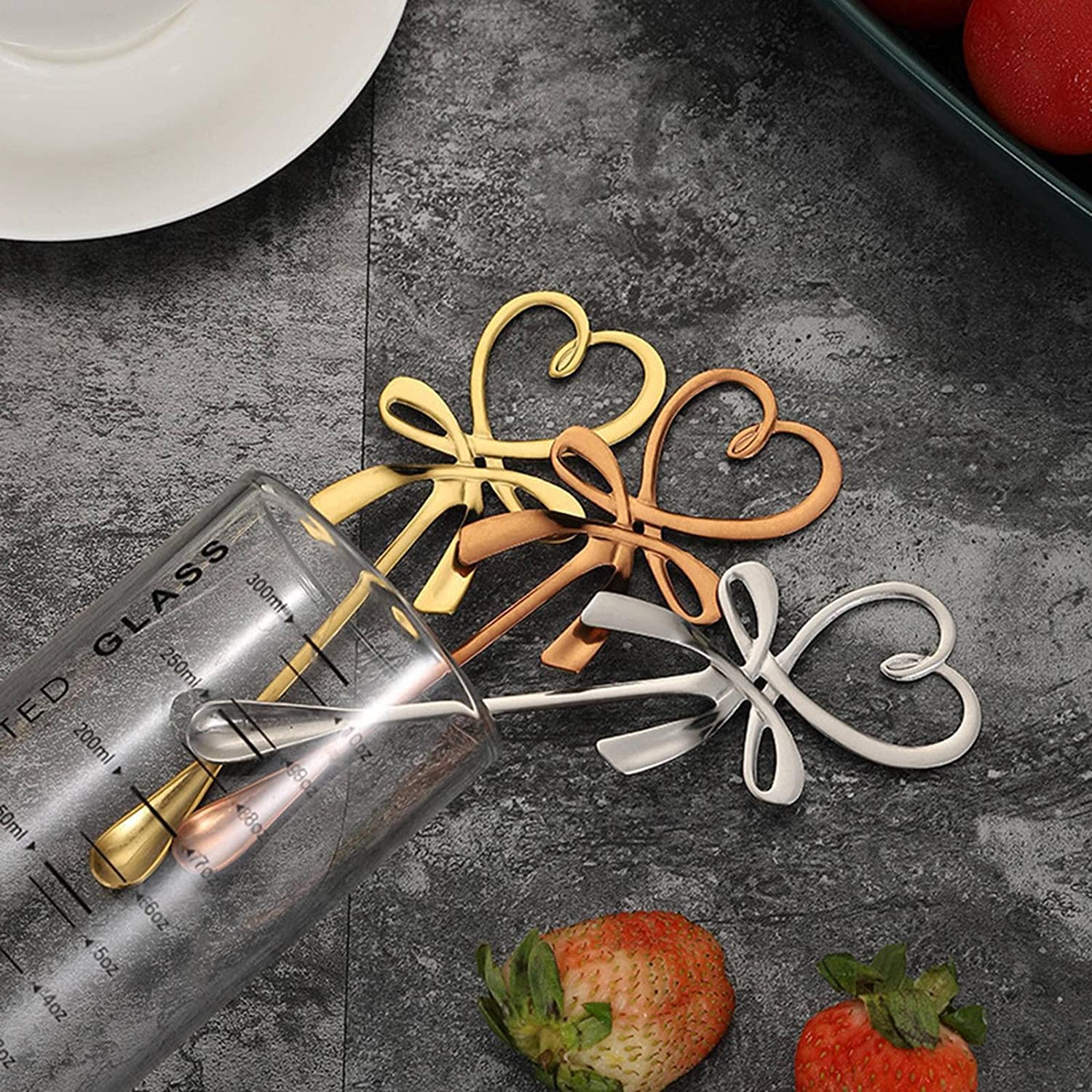 Cucharas De Mesa Mini forma de corazón mezclando cuchara té café mango largo plateado cocina gadget regalo día san valentín Sopa Antigoteo Servir(A-Gold)
