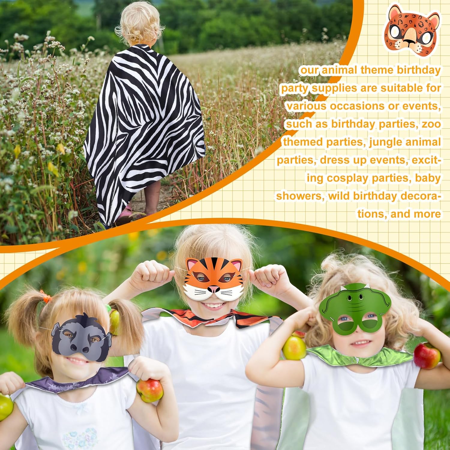 12 Set Safari Animal Mask and Capes Kids Jungle Safari Theme Party favors Cosplay Wild Birthday Decorations Animal Costumes Dress Up Set for Kids Birthday Party Supplies