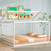 Vista 20 de Cama de metal de tamaño matrimonial con valla para niños, adolescentes, niñas, niños, cama de piso de casa, camas Montessori, se puede decorar marco