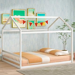 Queen Size Wooden House Bed Frame for Boys Girls Kids Adults Toddler with Headboard,White