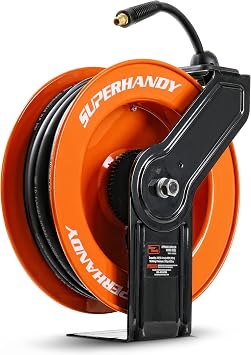 SuperHandy Air Hose Reel Retractable Industrial 3/8" Inch x 50 Feet Long Premium Commercial Flex Hybrid Polymer Hose Spring Driven Steel Construction Ultra Heavy Duty