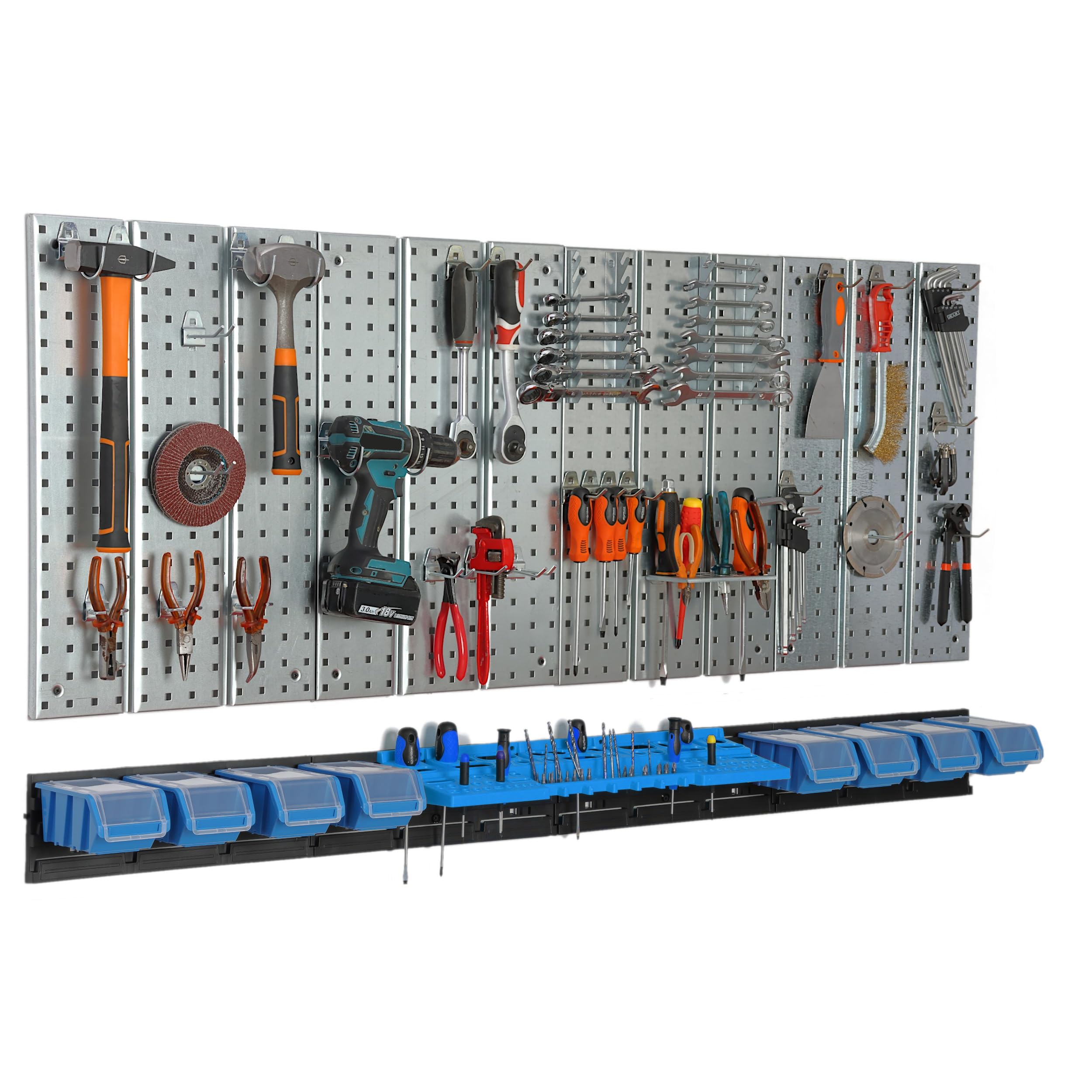 botle Panel de herramientas de metal 156 x 72 cm, sistema de almacenamiento con portaherramientas, ganchos para herramientas y 8 cajas apilables de 100 x 150 x 70 mm, color: azul, tabla perforada para