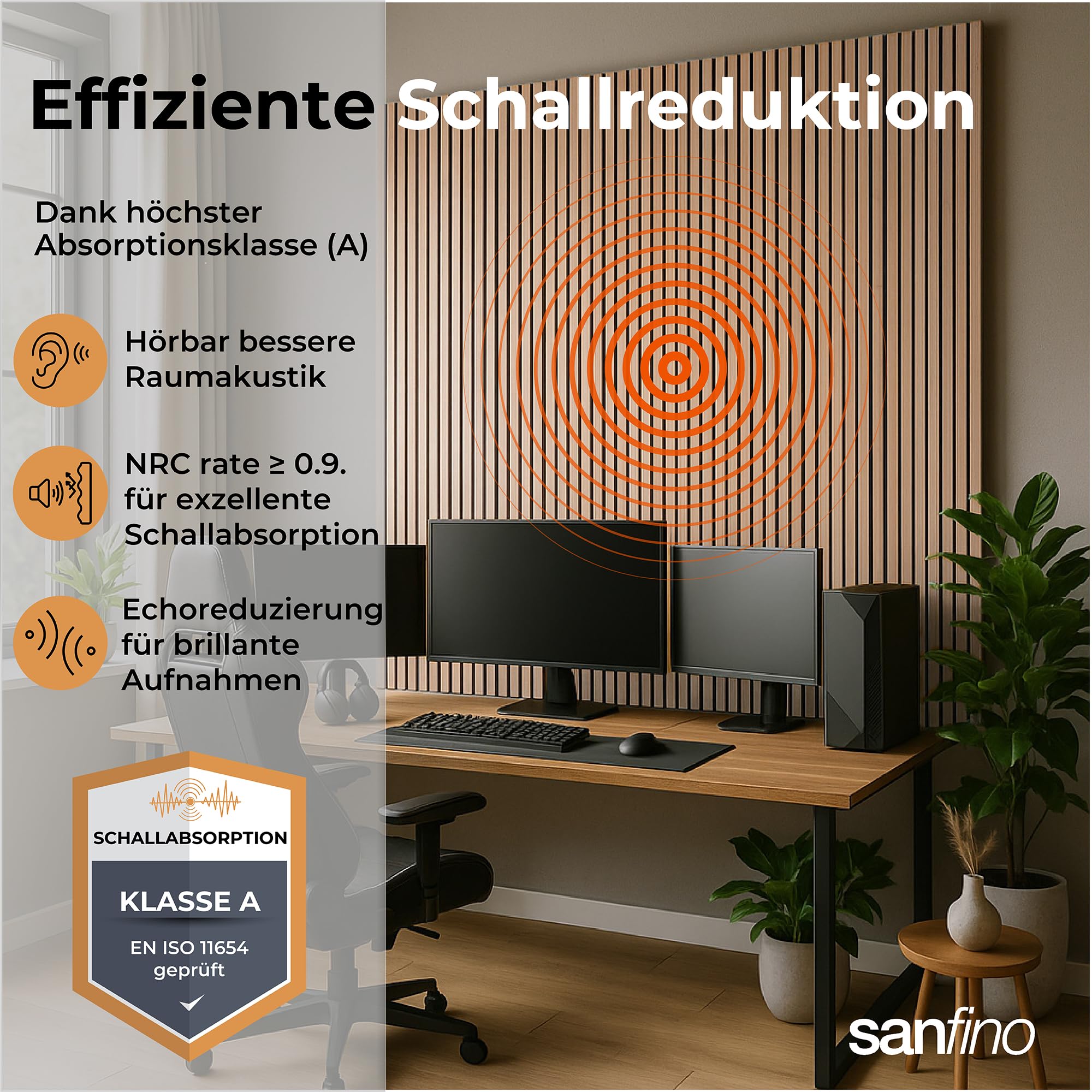 Bambus Akustikpaneele 240x60 Echtholz OHNE Furnier (2 Stk./2,88m²) – 2,2cm hohe 3D Wandpaneele mit schwarzem Filz – Schallschutz Klasse A – Wandverkleidung innen für Wohnzimmer, Studio & Büro