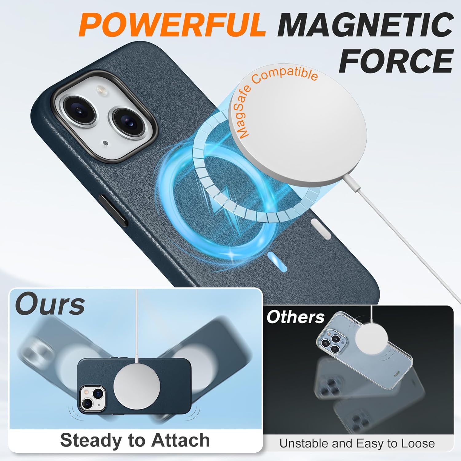 SHIELDON Genuine Leather Case for iPhone 15 2023, Magnetic Wireless Charging Slim Non-Slip Anti-Scratch Shock-Absorbent Phone Case Cover with Metal Buttons Compatible with iPhone 15 6.1" - Navy Blue - Image 5