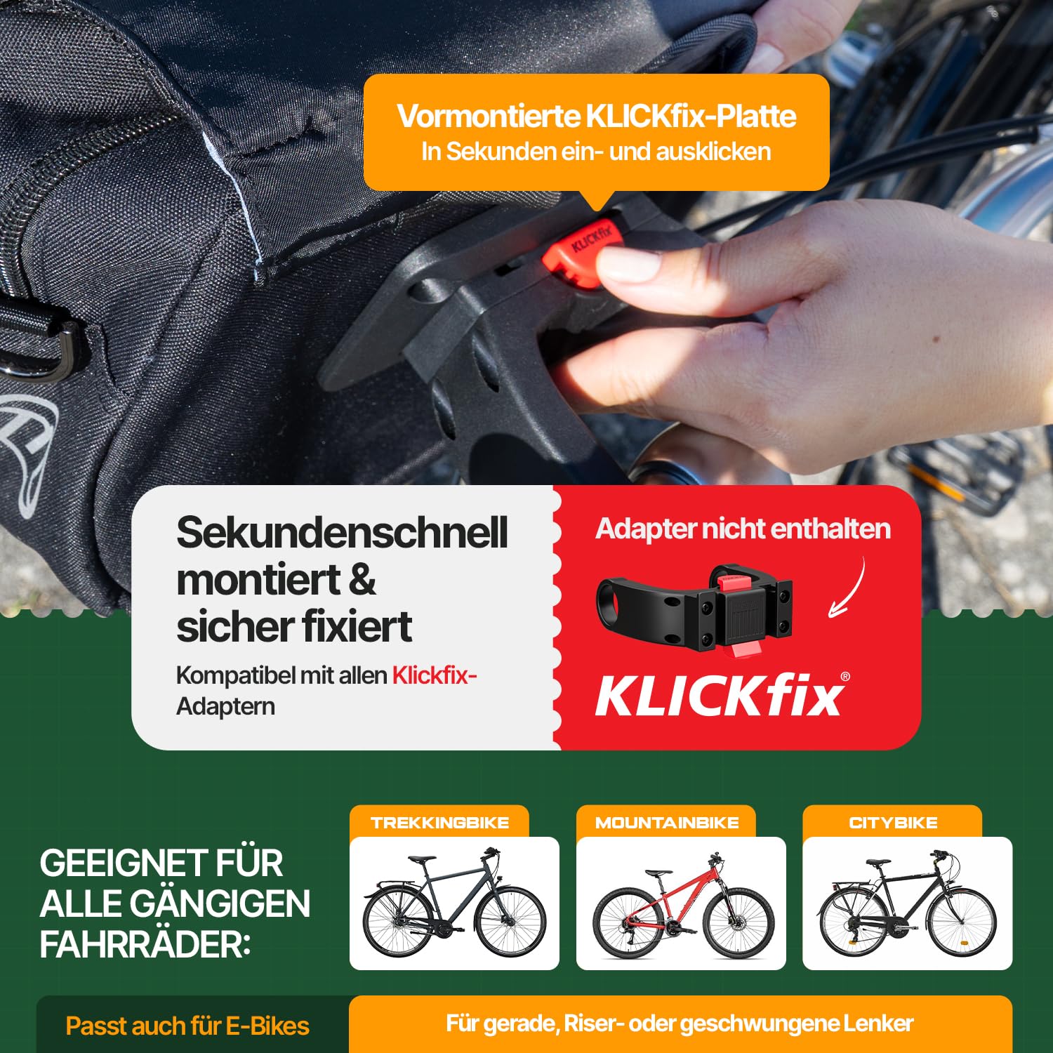 Lenkertasche Fahrad – KLICKfix® kompatibel | 5L Volumen | Spritzwassergeschützt & robust | Inkl. Regenhaube | Ideal für E-Bike, Rennrad & Citybike (Schwarz)