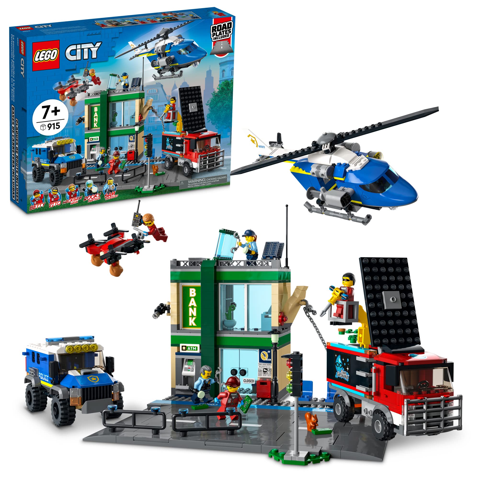 LEGO City Police Chase at The Bank 60317 Building Kit; Multi-Model Police and Crook Toy Playset for 