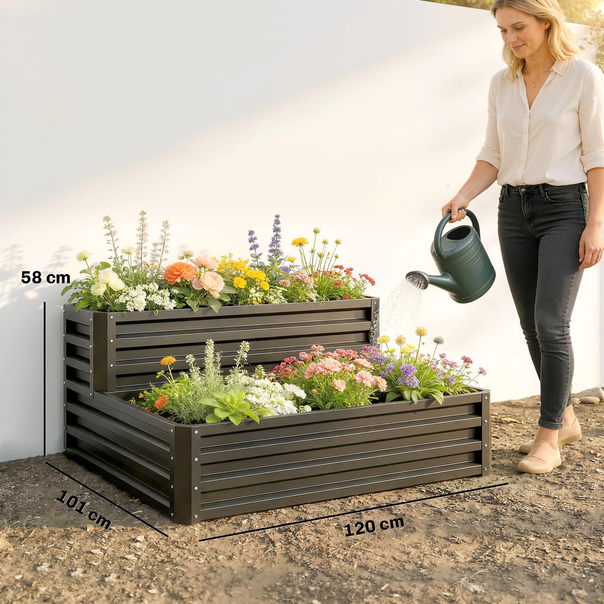 Outsunny Huerto Urbano de 2 Niveles de Acero Galvanizado, Jardinera Exterior con Diseño de Escalera y Fondo Abierto para Cultivos, Plantas, Herbaria, para Terraza, Jardín, 120x101x58 cm, Gris Oscuro