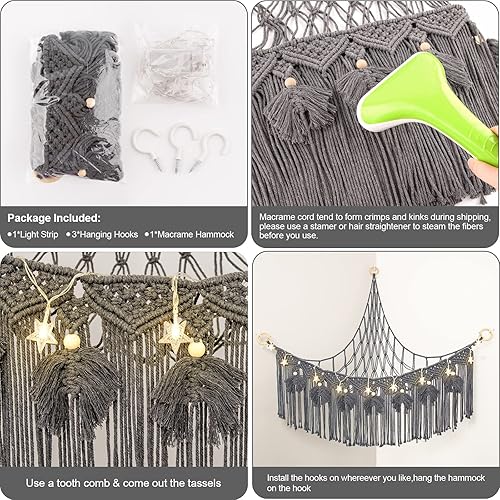 Vista 12 de ANROYE Hamaca de red de juguetes de peluche de macramé con luz de estrella, pequeños peluches bohemios, almacenamiento para guardería, organizador