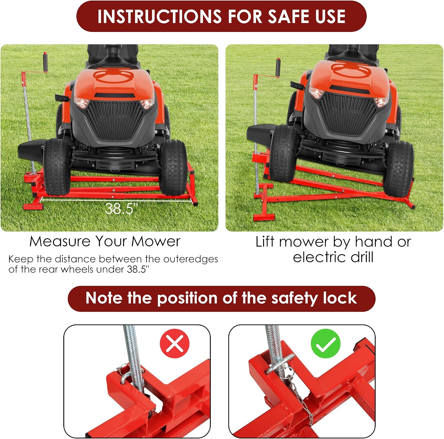 Lawn Mower Lift Jack, Riding Mower Lift for Lawn Mowers and Garden Tractors, Lawn Mower Load Capacity 880 Lbs, Wheel Width Limit 38in, Red