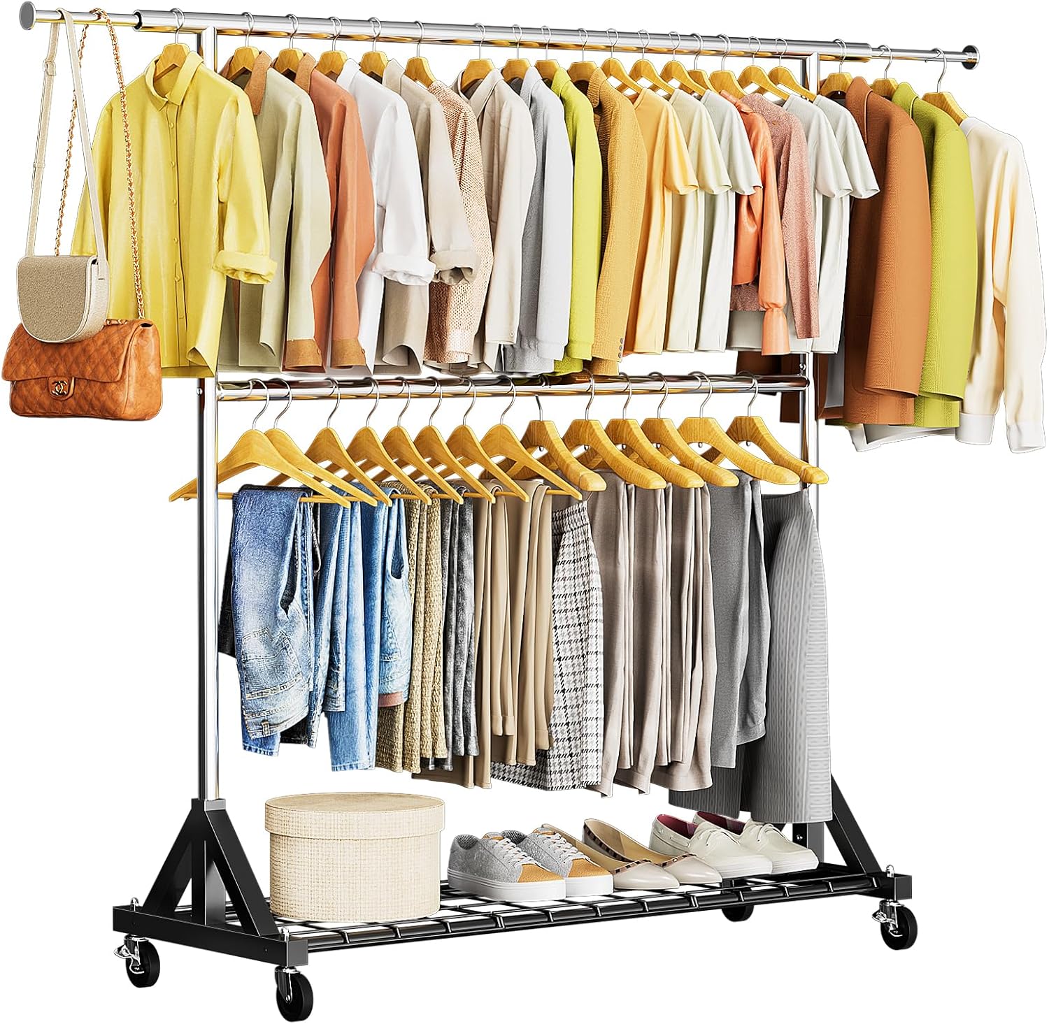 Luxspire 600LB Heavy Duty Clothes Rack - Double Rod Rolling Garment Rack with Lockable Wheels, Shelves & Adjustable Height