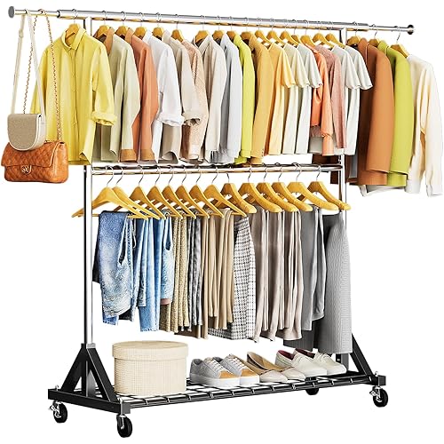 Luxspire Heavy Duty Clothes Rack Load 600 LBS, Double Rod Clothing Rack, Rolling Garment Racks with Lockable Wheels, Shelves, Adjustable Laundry Hanging Racks for Clothes