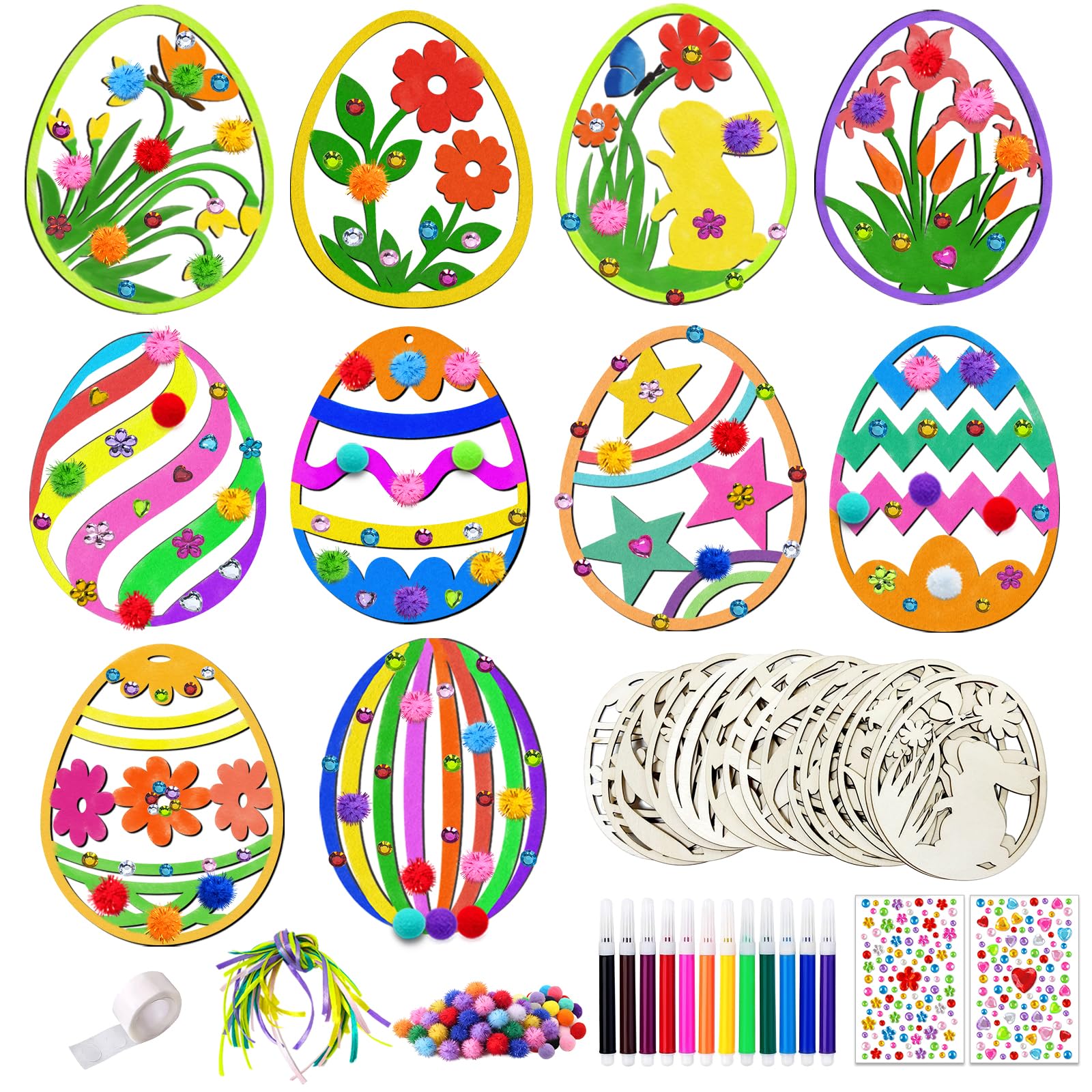 JOYEASE Ostern Basteln Kinder, 274 Stück Holzanhänger Ostereier zum Bemalen, Oster Bastelset Kinder ab 3 4 5 6 7 8 9 Jahre, Ostergeschenke Kinder, Osterdeko Basteln mit Pompons Aquarellstift Strass