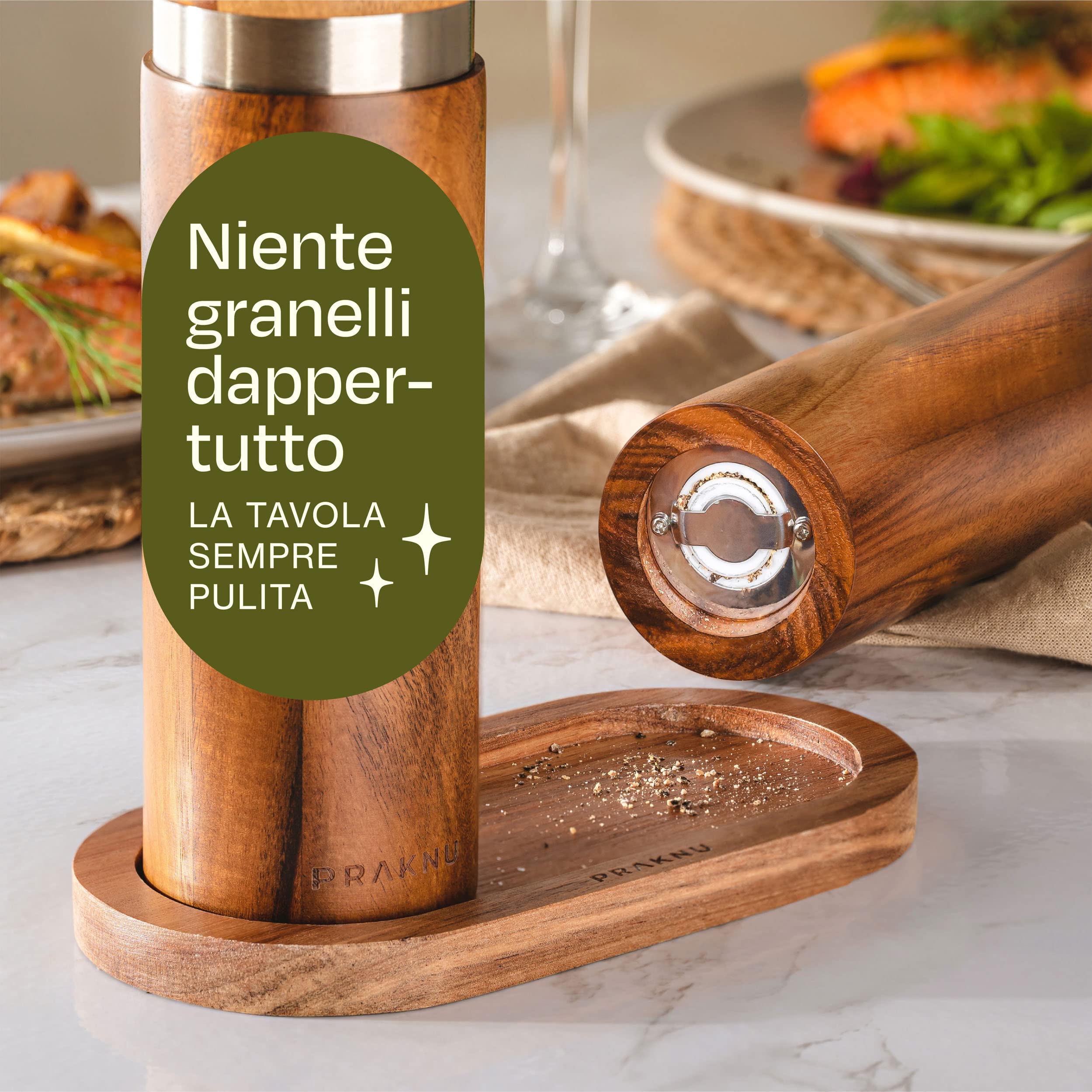 Set di Macinini per Sale e Pepe in Legno di Acacia - Con Protezione per il Tavolo - Legno FSC® Sostenibile - Meccanismo in Ceramica Durevole