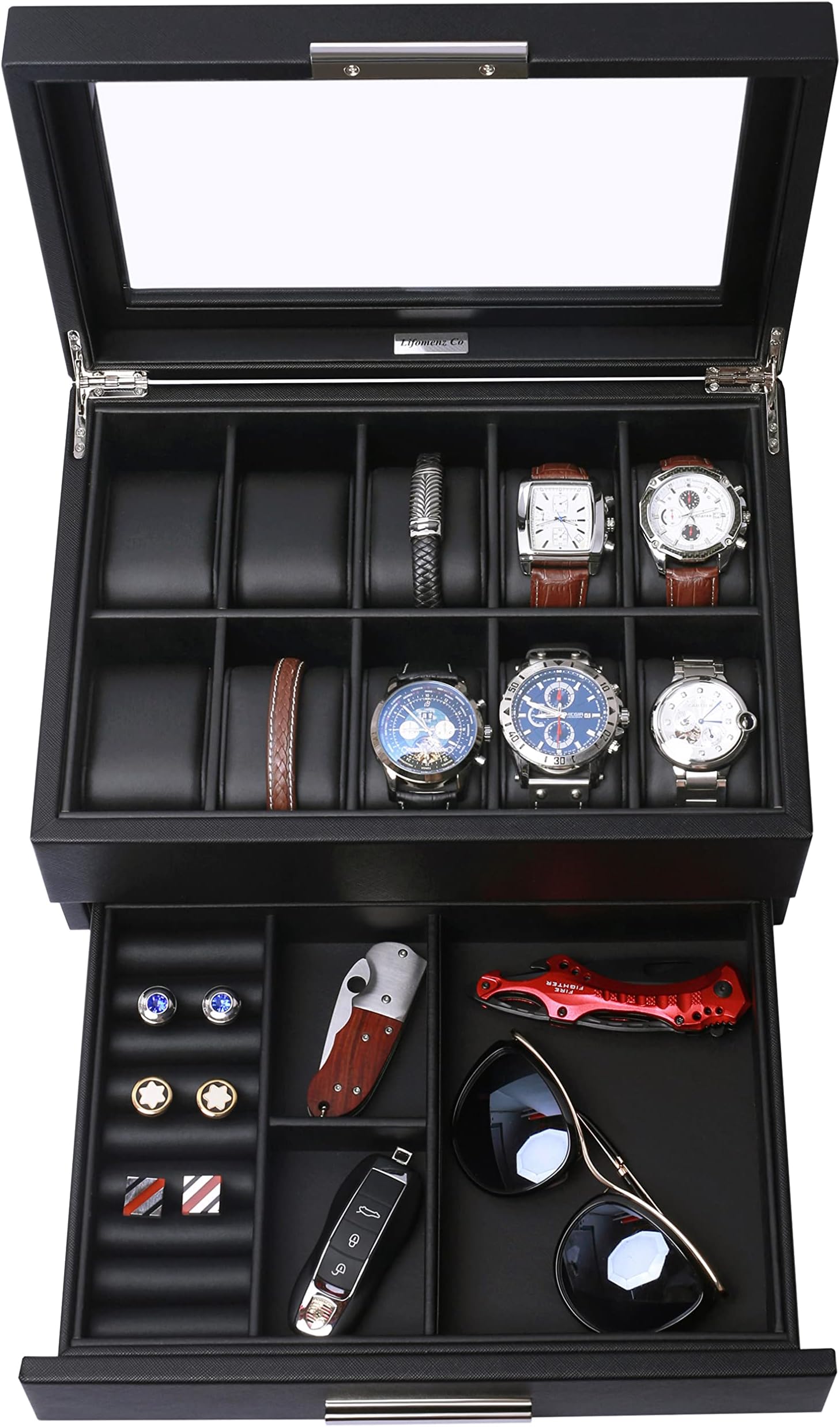Lifomenz Co Leather Watch Box with Drawer Adjustable Tray for Men Watch Jewelry Box Organizer,Watch Display Case Catchall Tray for Men Accessories Organizer,Watch Storage with Large Watch Holder