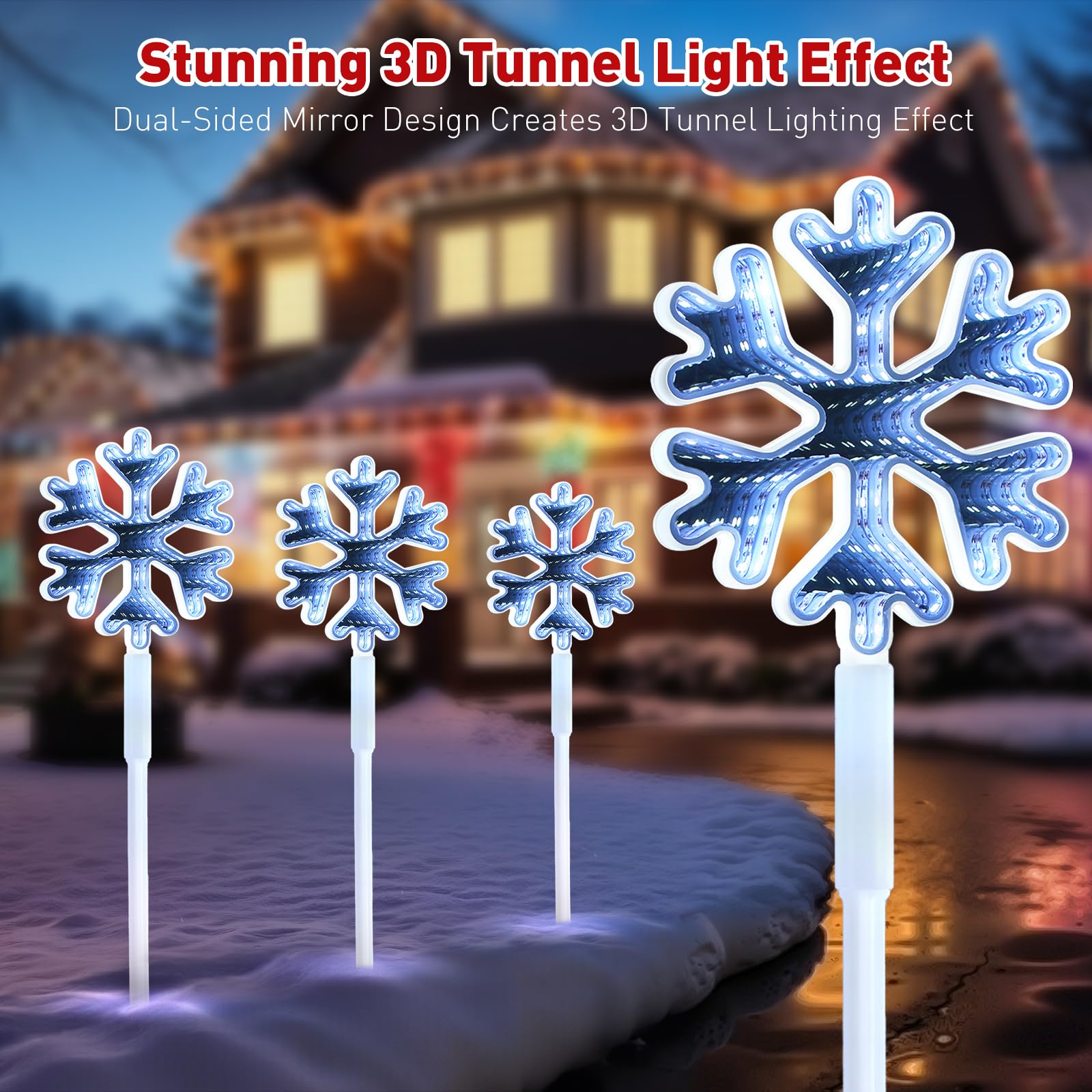 Quntis 3D LED Christmas Pathway Snowflake Lights 4Pack Mains Powered Christmas Path Infinity Lights with 8 Modes Timer Memory Function Mirror Tunnel Effect Xmas Decor Outdoor for Garden Yard Lawn - Image 2