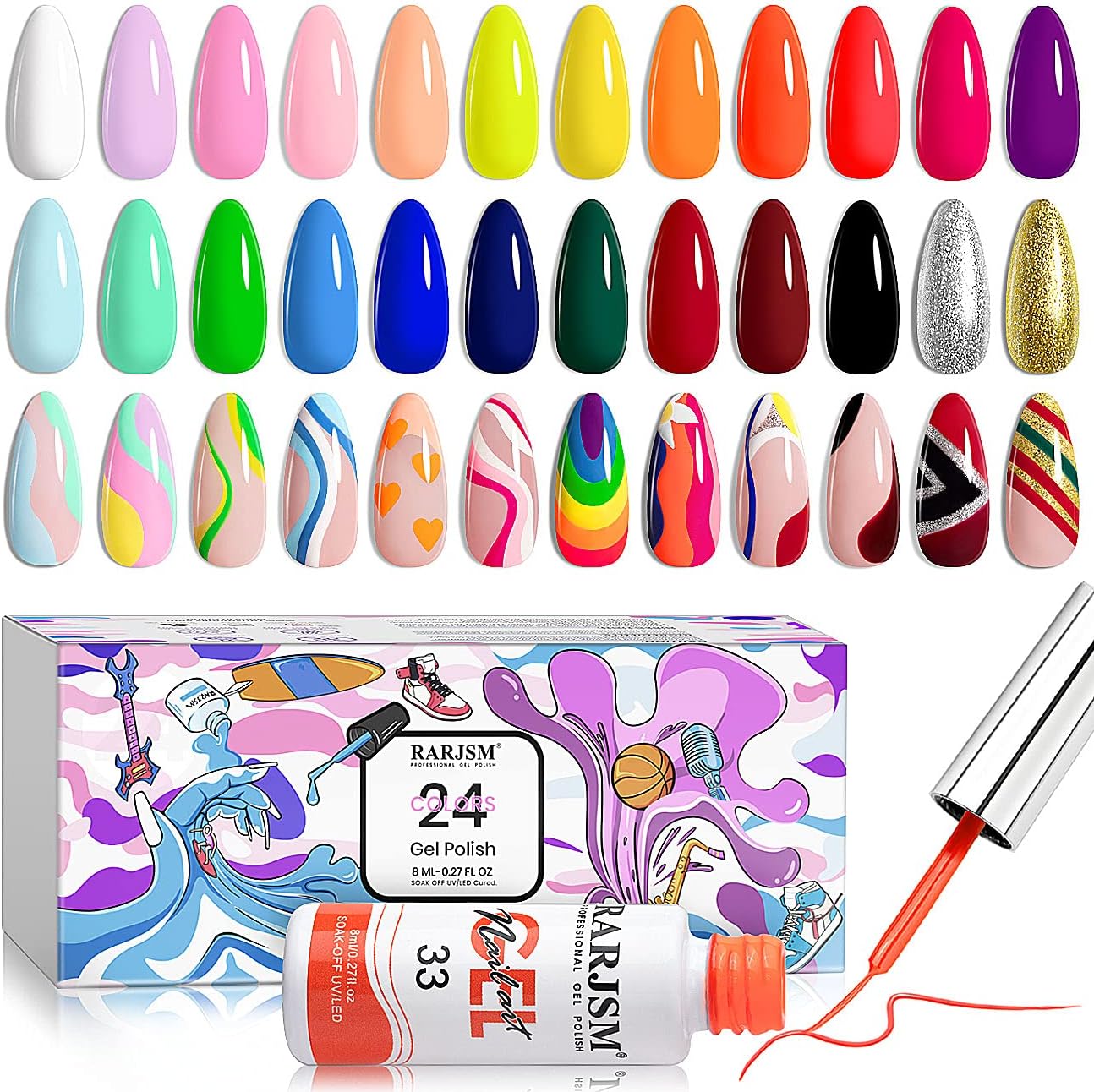 RARJSM Nail Art Gel Liner 24 Color Line Art Painted Gel Nail Polish Set Pink Blue Green Silver Gold Glitter for Nails Painting Drawing Soak Off U V L E D Curing Requires Bulid in Thin Nailart Brush