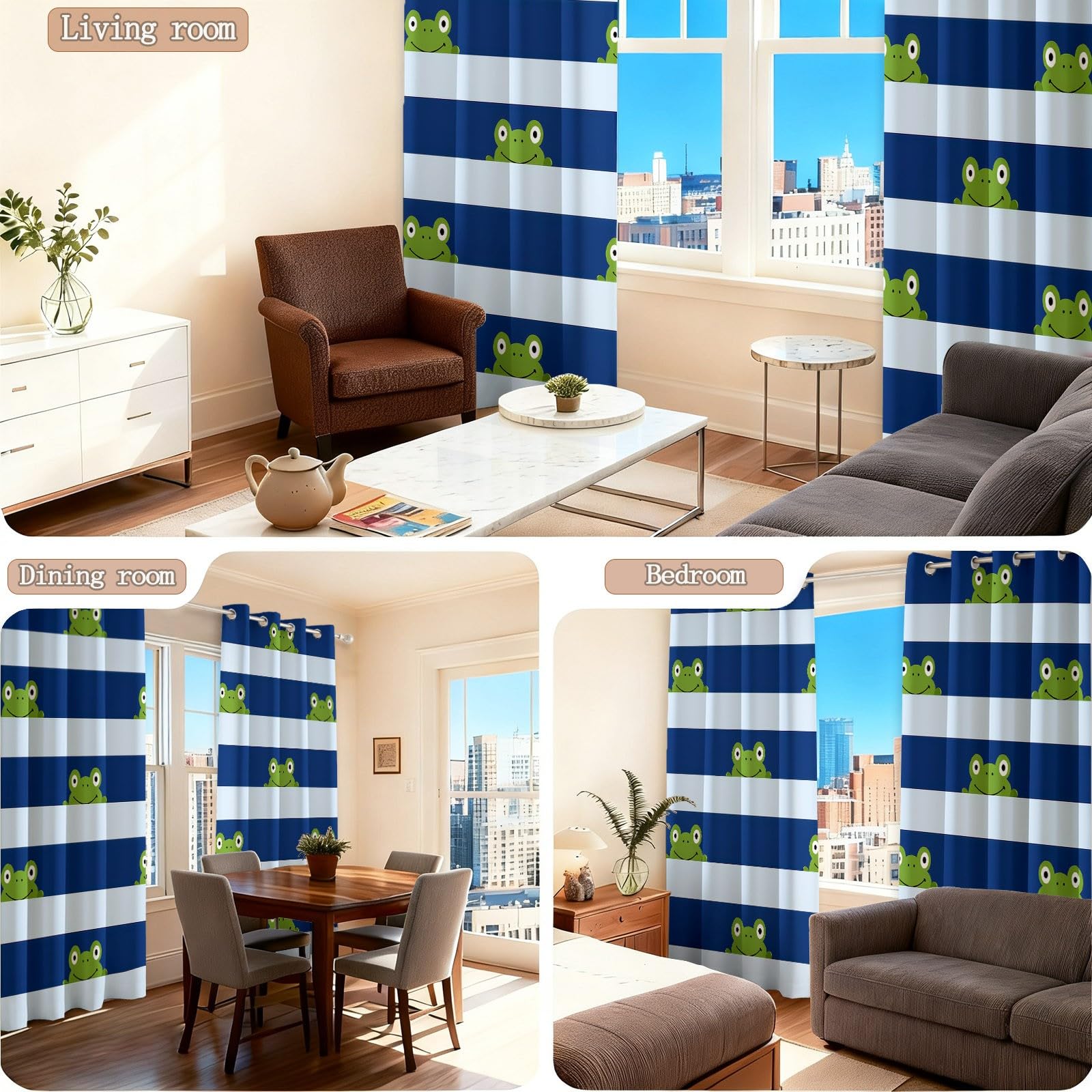Verdunklungsvorhänge Bunt Mode Streifen Cartoon Tier Frosch Vorhänge Blickdicht 2er Set B75 x H166 cm, Hitzeschutz Blickschutz Thermovorhang mit Ösen für Wohnzimmer Schlafzimmer Kinderzimmer