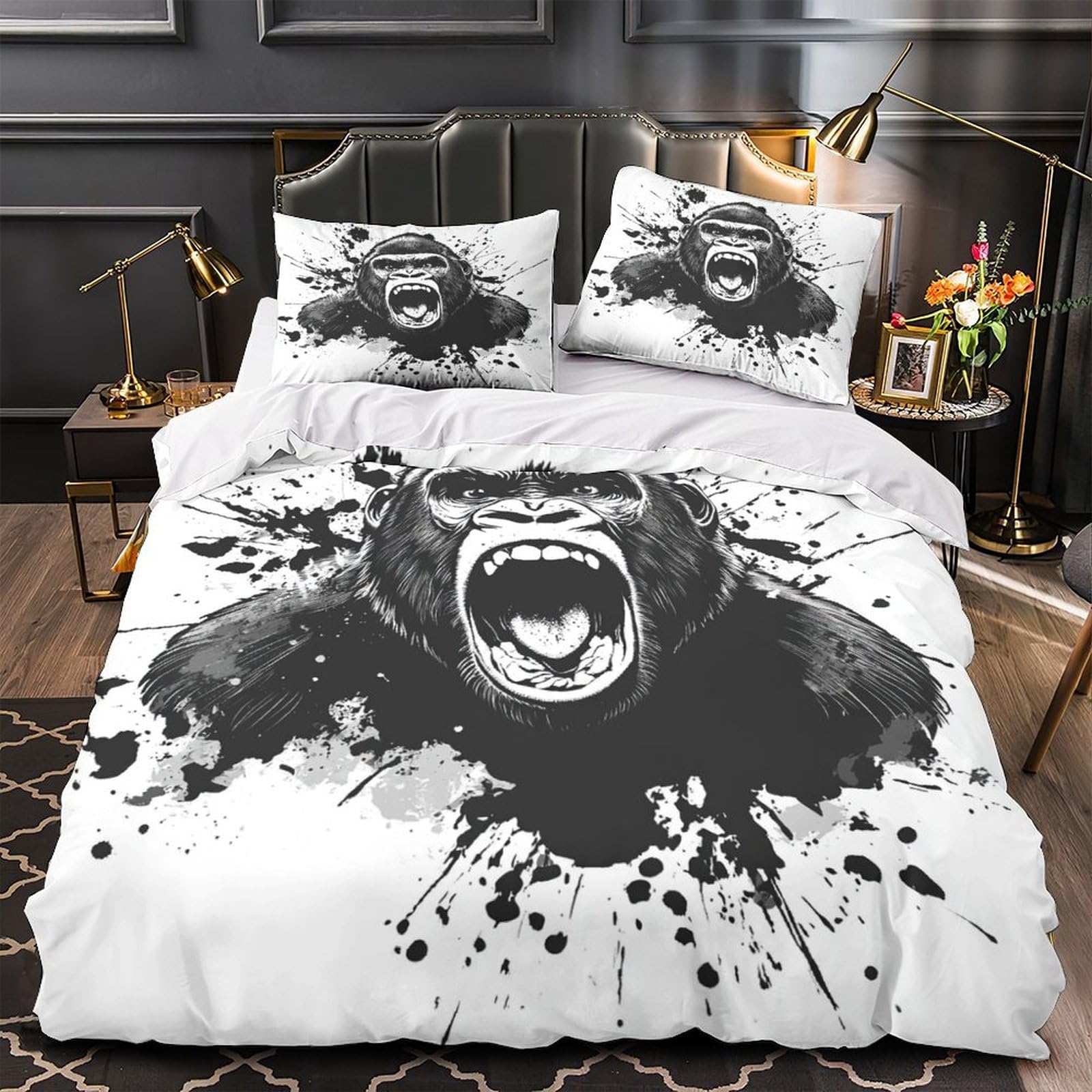 Housse de couette gorille 3D facile à laver avec fermeture éclair pour lit double enfant