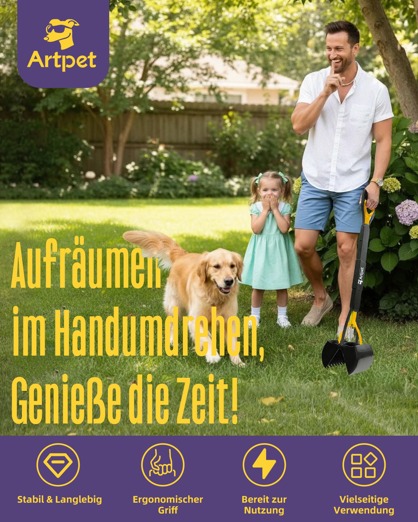 Hundekotsammler mit langem Griff – Faltbare Hundekotschaufel, Kein Bücken, Für Gras, Erde, Sand & Kies, Einfach zu Reinigen