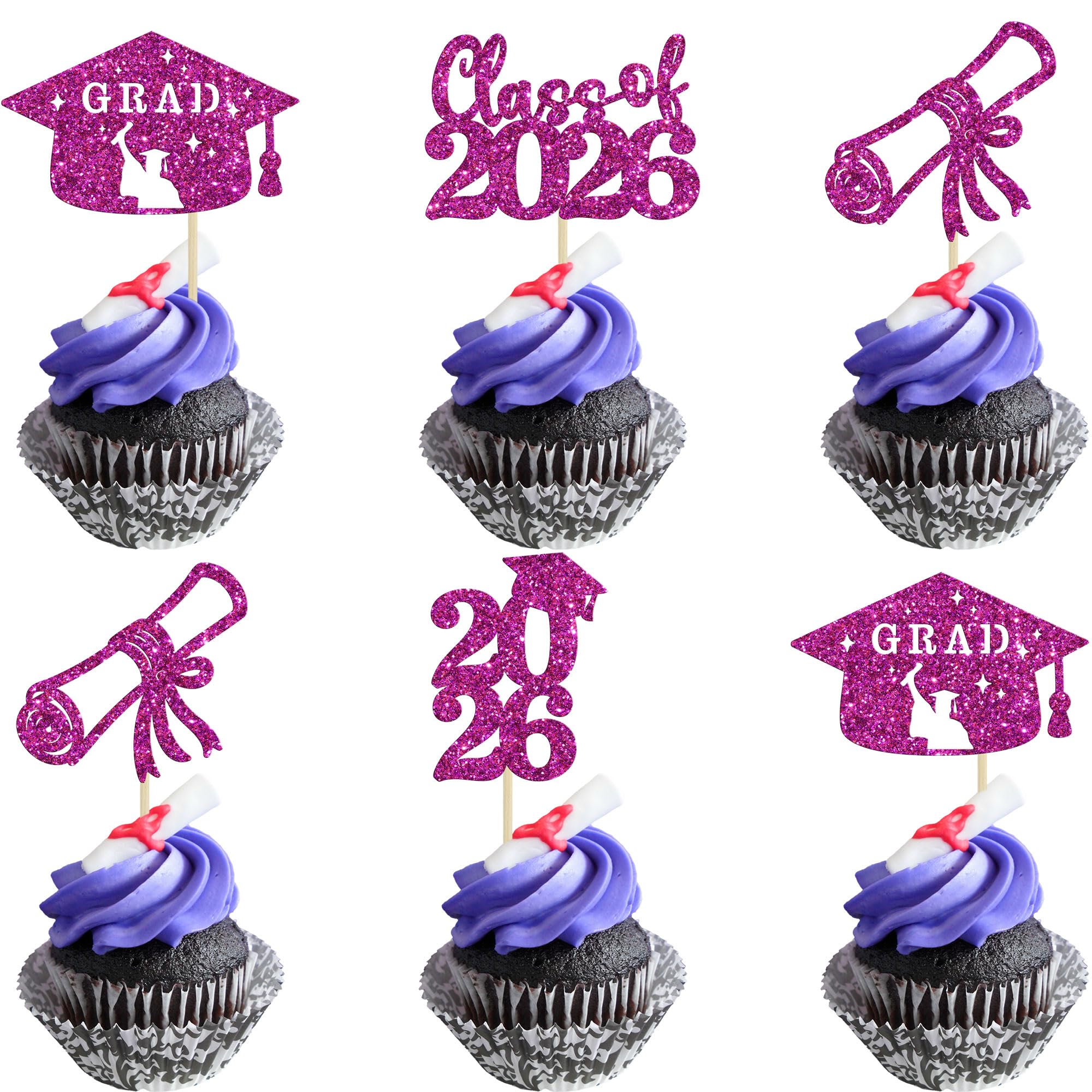 Ephlyn 24Pcs 2026 Graduation Cupcake Toppers Glitter Class of 2026 Diploma Grad Cap Cupcake Picks 2026 Graduation Theme Party Cake Decorations Supplies Purple 2