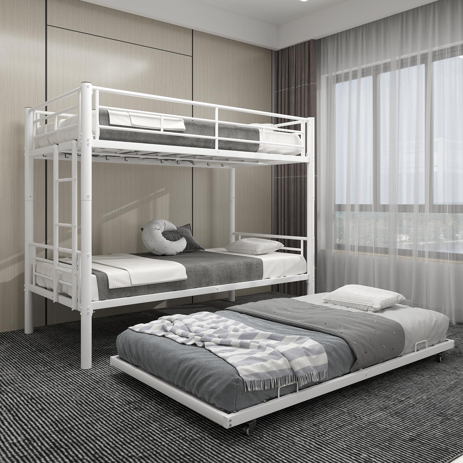 QSOSTNS Twin Over Twin Bunk Bed with Trundle, Heavy Duty Bunk Beds Frame with Side Ladders Convertible Bunkbed with Safety Guard Rails, No Box Spring