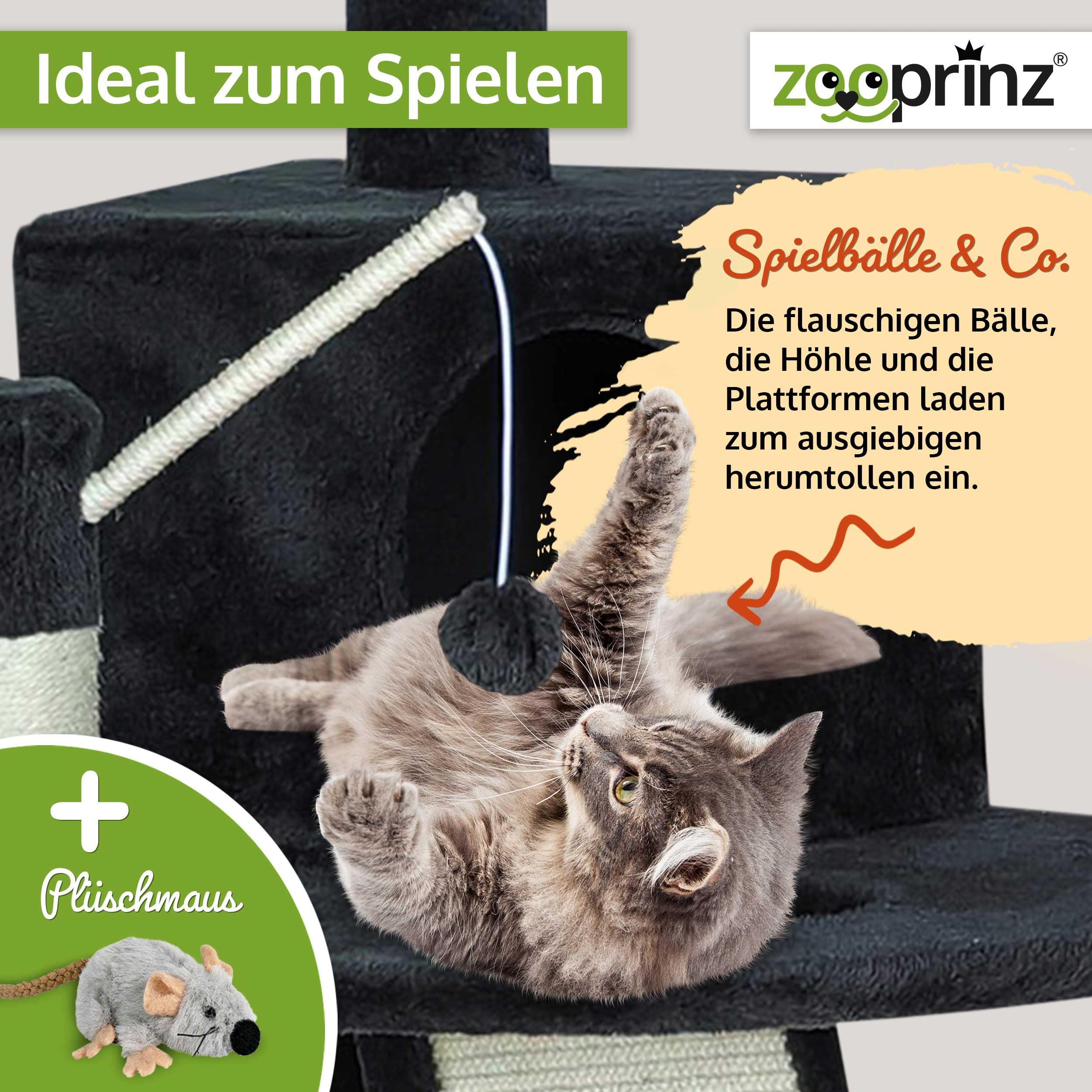 zooprinz Kratzbaum 121 cm schwarz mit Höhle und Liegefläche | Katzenkratzbaum mit Bett, Sisal-Kletterrampe und Kratzsäule, Katzenturm für Indoor-Katzen