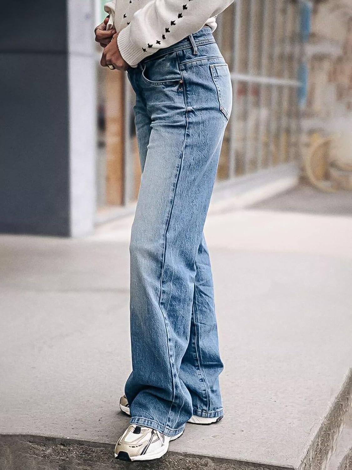 Flamingals Wide Leg Jeans for Women Mid Waist Baggy Stitch Decor Denim Washed Pants Without Belt - Image 3