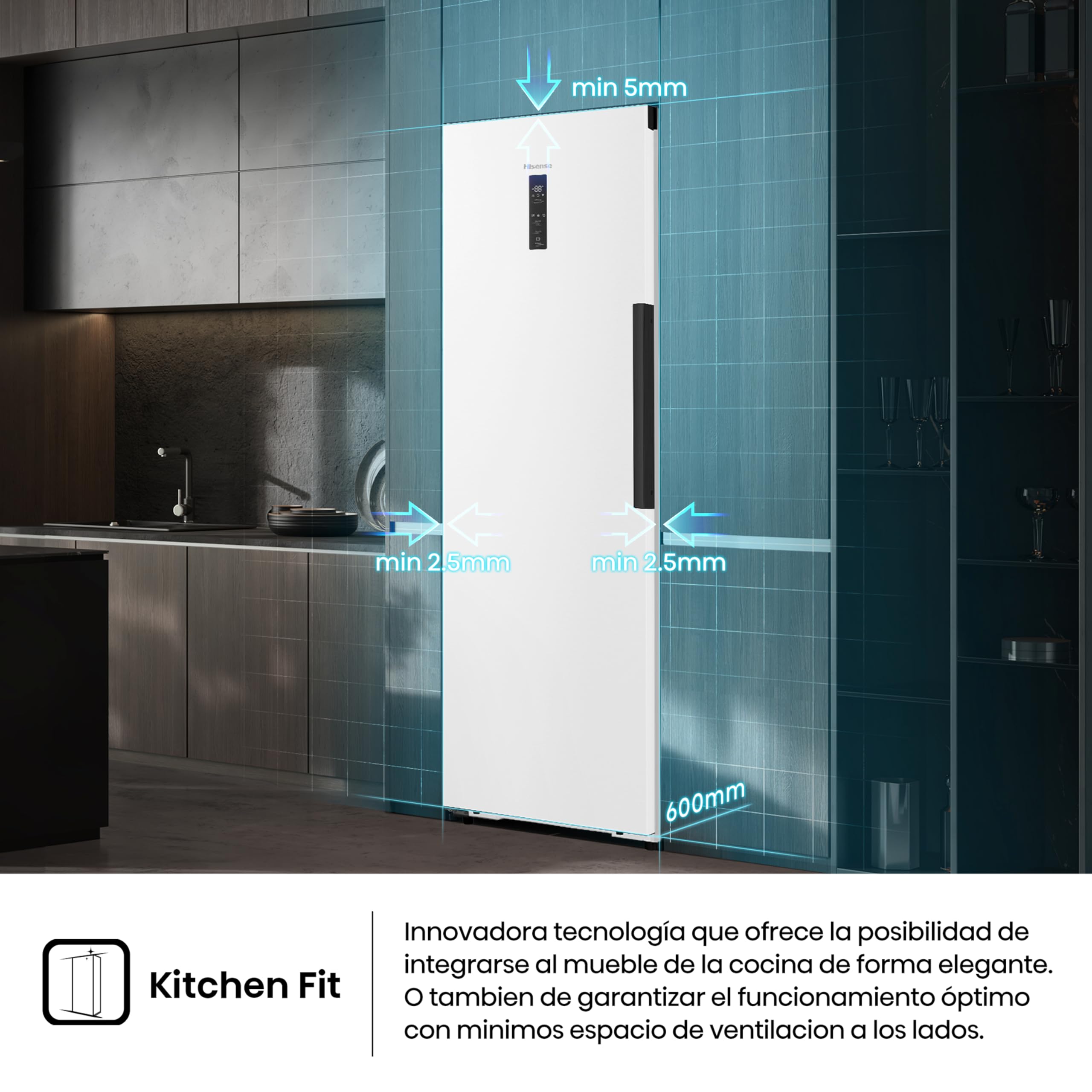 Hisense FT3K310SEWE Congelador, 1 Puerta De Libre Instalación Kitchen Fit, Class E, 312 L, Alto 185.6 cm x Ancho 59.5 cm, Color Blanco, Ventilación Inferior, Apertura de Puerta 90 Grados