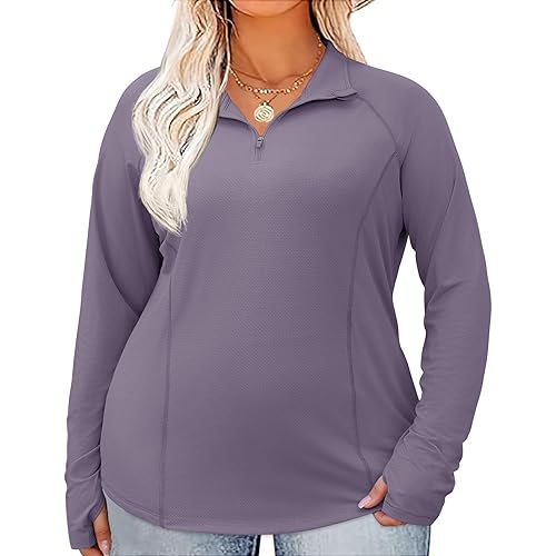 LOMON Womens Plus Size Workout Tops Long Sleeve 1/4 Zip UV Sun Protection Quick Dry Hiking Athletic Shirts Rash Guard UPF 50+