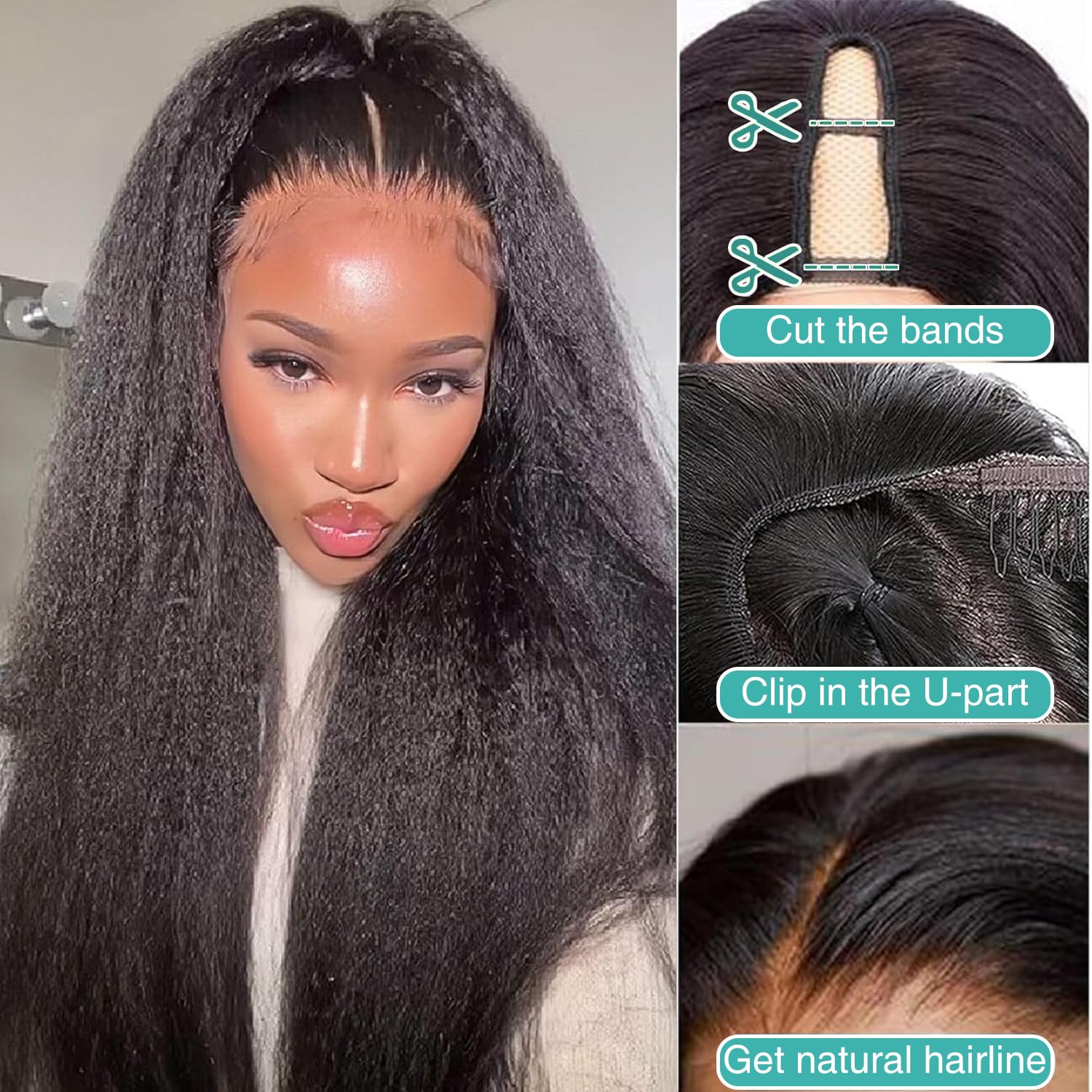Ainmeys Kinky Straight U Part Wigs 200% Brazilian Yaki Straight Upgrade U Shape Human hair Wigs With Drawstring for Women No leave out wear and go Glueless Clip In Half Wigs (14IN)