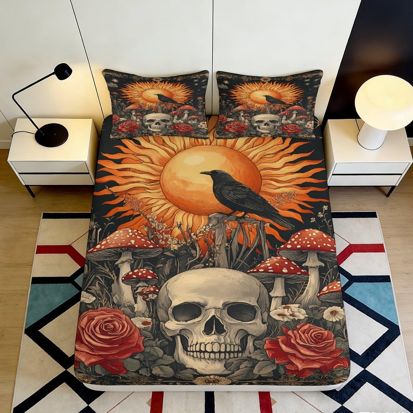 3D Printed Sun Raven Fitted Sheet Microfiber Orange Skull Mushroom Mattress Cover for Bedroom Dorm Protection Decor 200x200x25cm