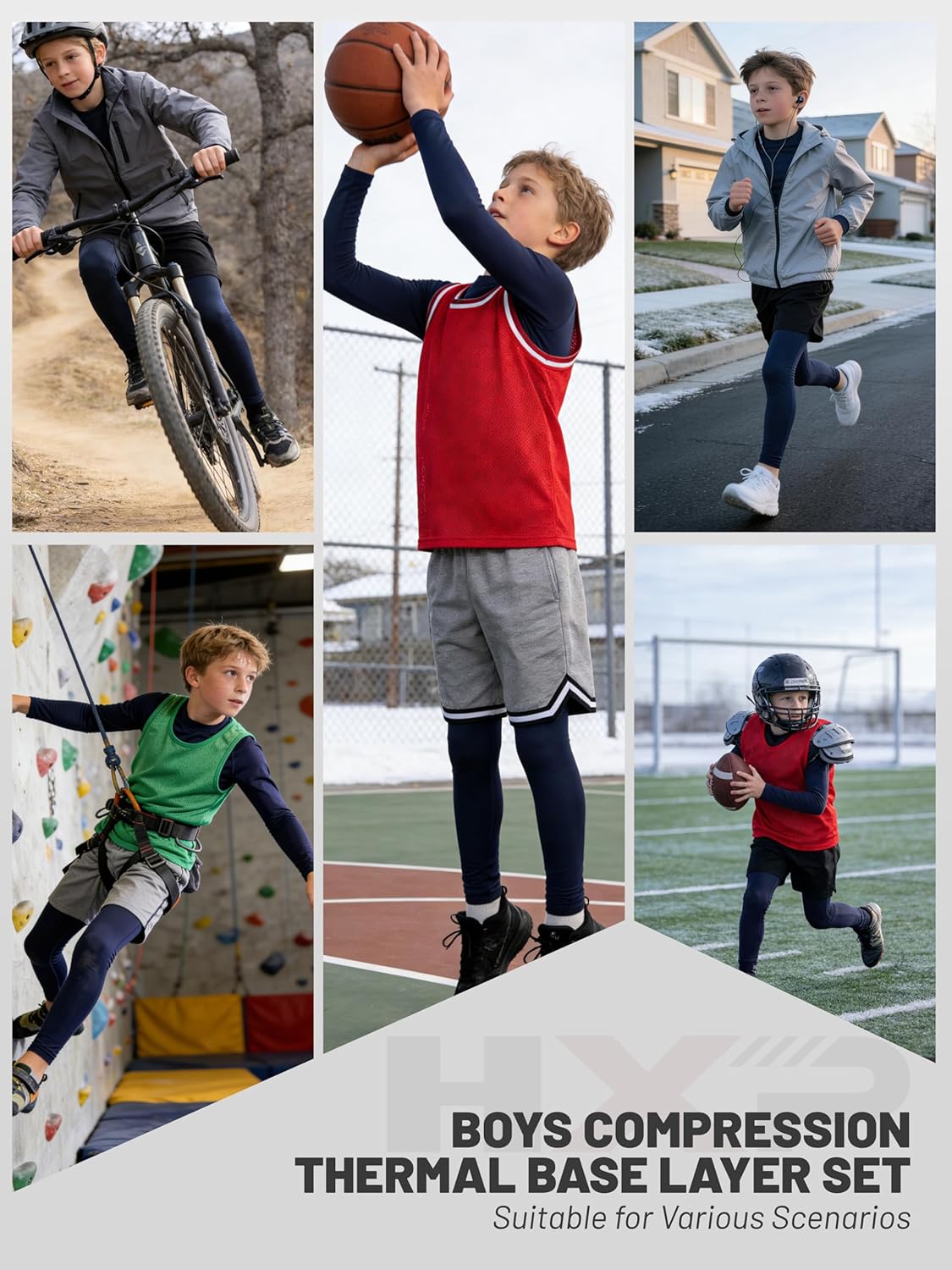 HXP Boys Compression Thermal Base Layer Set, Athletic Youth Fleece Lined Long Sleeve Sports Tops Leggings for Kids - Image 5
