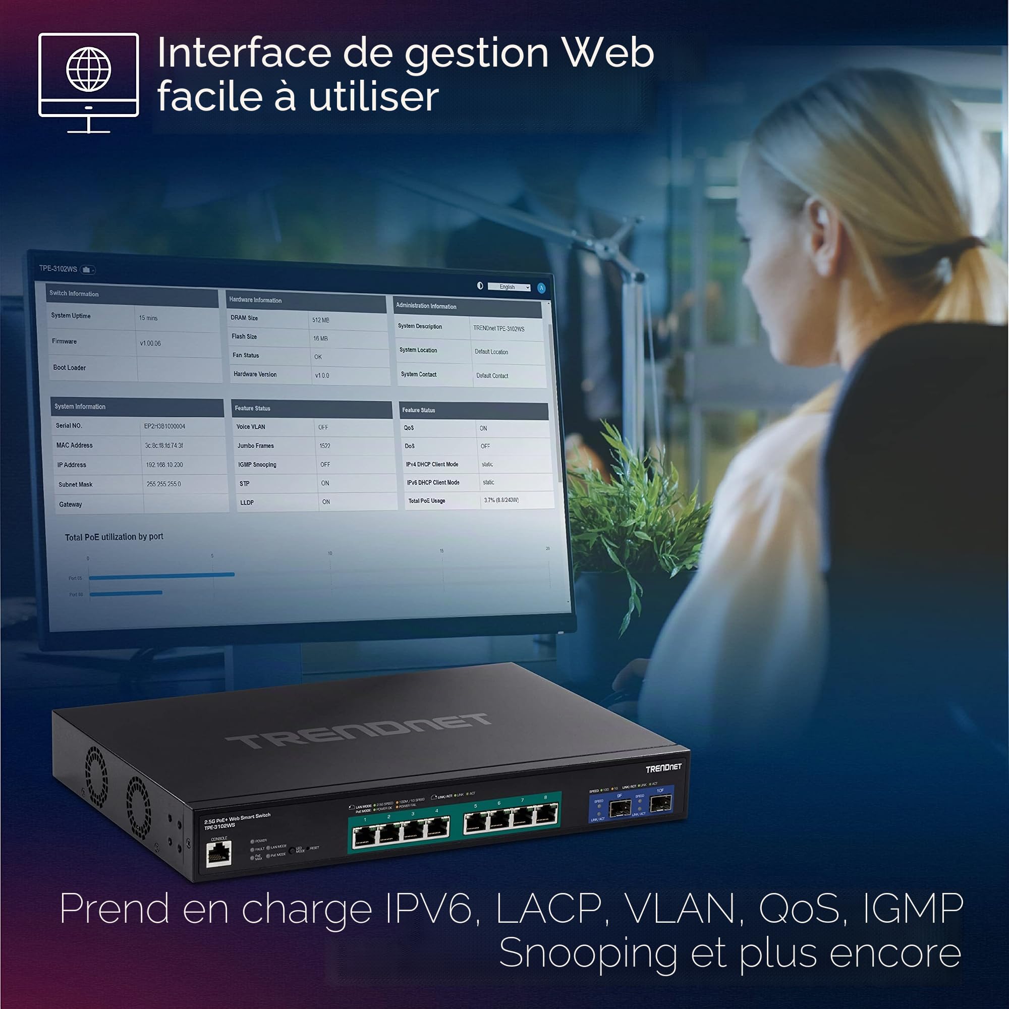 TRENDnet, TPE-3102WS, Switch Web Smart PoE+ 10 Ports Multi-Gigabit, 8 Ports PoE+ 2,5 GBASE-T, 2 emplacements SFP+ 10 Gbit/s, boîtier métallique, commutateur Ethernet réseau géré, Noir
