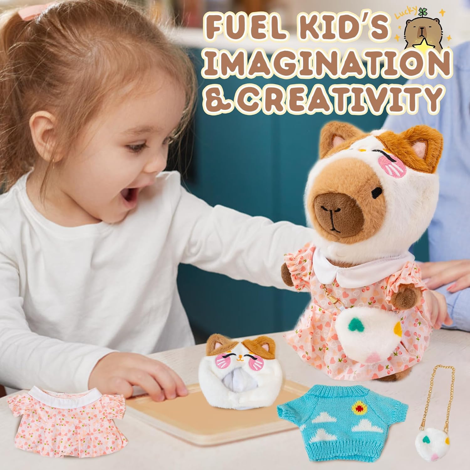 Capybara Plush for Boys Girls Birthday Dress Up Cute Plushies,10 Pcs Set,9 Clothes and Accessories Kawaii Stuffed Animal Plushie Toy, Soft Peluche Doll for Kids 10.2 in