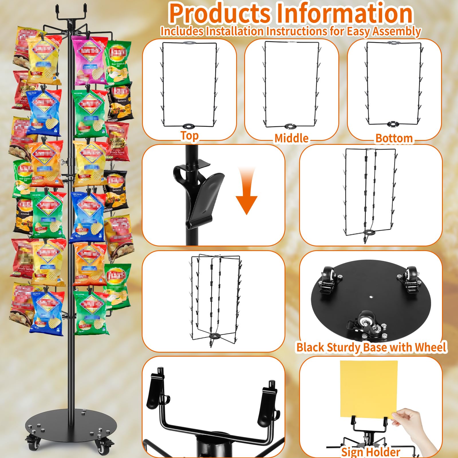 BBTO 155,4 cm H Kartoffelchips-Ständer Präsentationsständer Chip-Streifenregal Kartoffelchips Display Rack mit 72 Clips für Einzelhandelsgeschäft, Süßigkeiten-Warenständer,