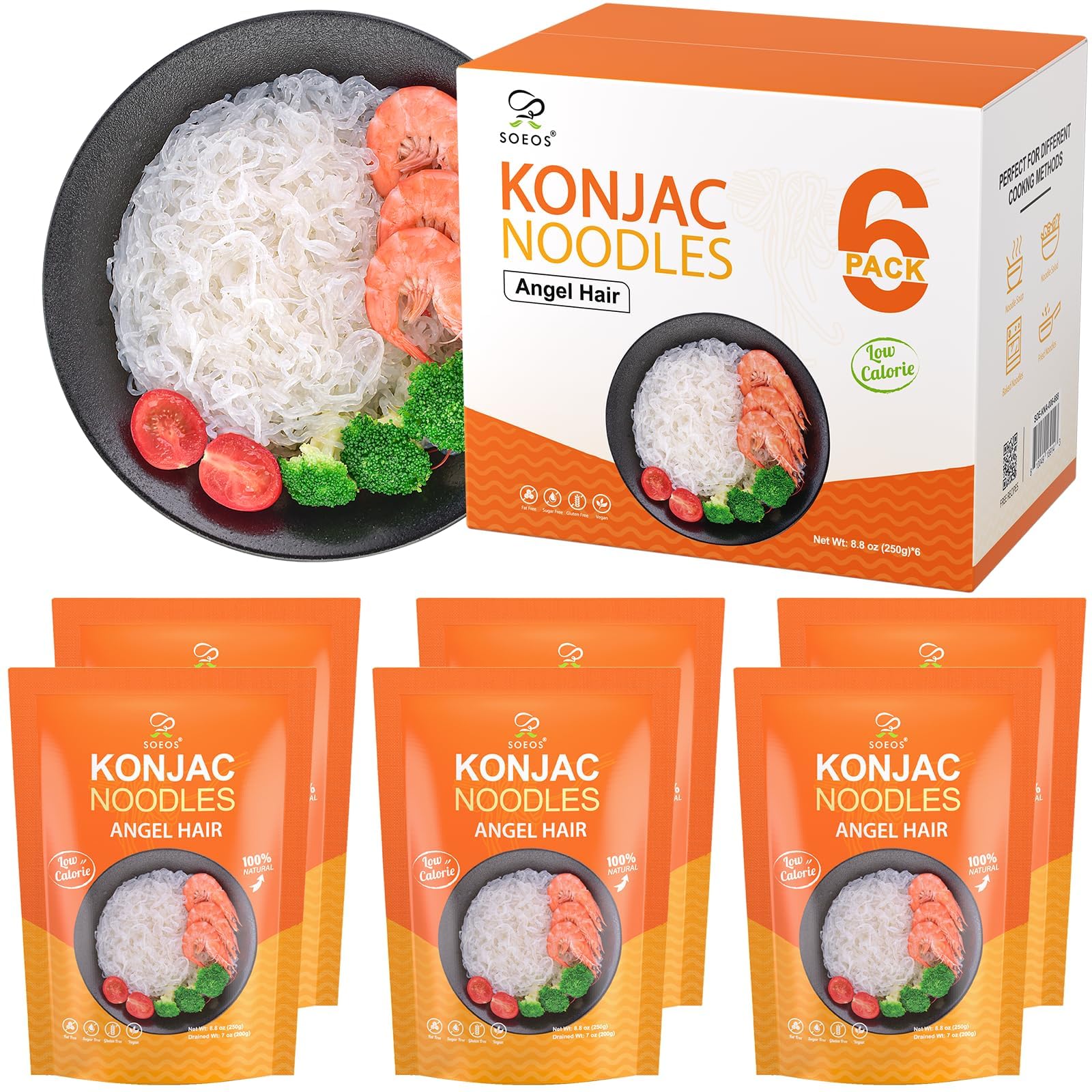 Soeos Konjac Noodles, Angel Hair Pasta, Low Calorie, Low Carb, Keto and Paleo Friendly Shirataki Noodle, Gluten-Free, Fat Free, Sugar Free, Vegan, 8.8 oz (250g)*6 Pack
