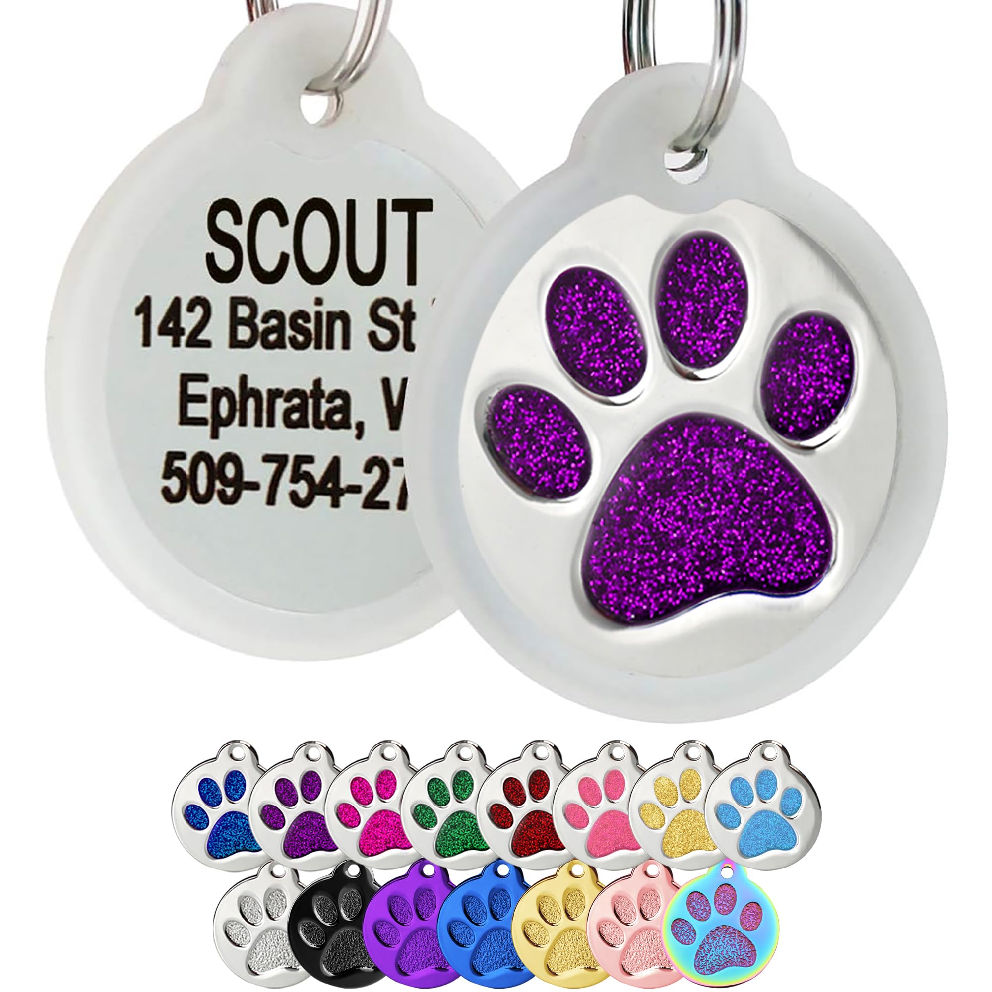 GoTags Paw Print Round Stainless Steel Pet Tag for Dogs and Cats, Personalized with 4 Lines of Custom Engraved ID with Silencer, in Stainless Steel