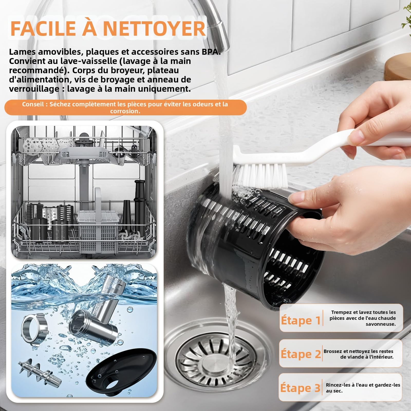 FITNATE Hachoir à Viande Électrique, Robot Multifonction avec Tube à Saucisses, Râpe à Fromage & Coupe-Légumes, 3 Grilles de Hachage Fin/Moyen/Grossier Incluses