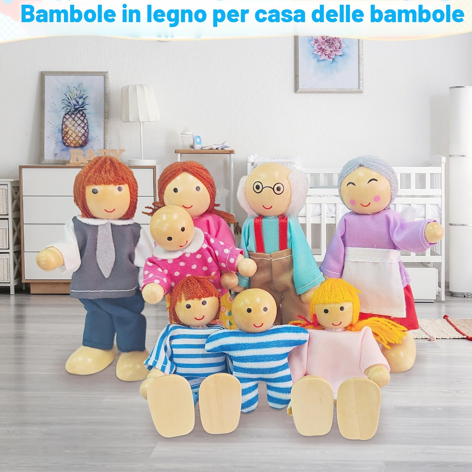 Ruikdly Casa Delle Bambole in Legno - Set Famiglia 12 Pezzi Con Gatto e Cane, Figure Pieghevoli - Accessori Regalo