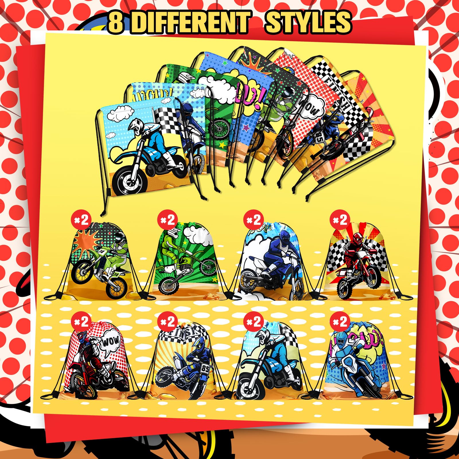 Boao 16 Pack Dirt Bike Favors Bag Racing Themed Party Drawstring Motorcycle Goodie Bags for Birthday Party Supplies Candy Gift Men Bike Lover