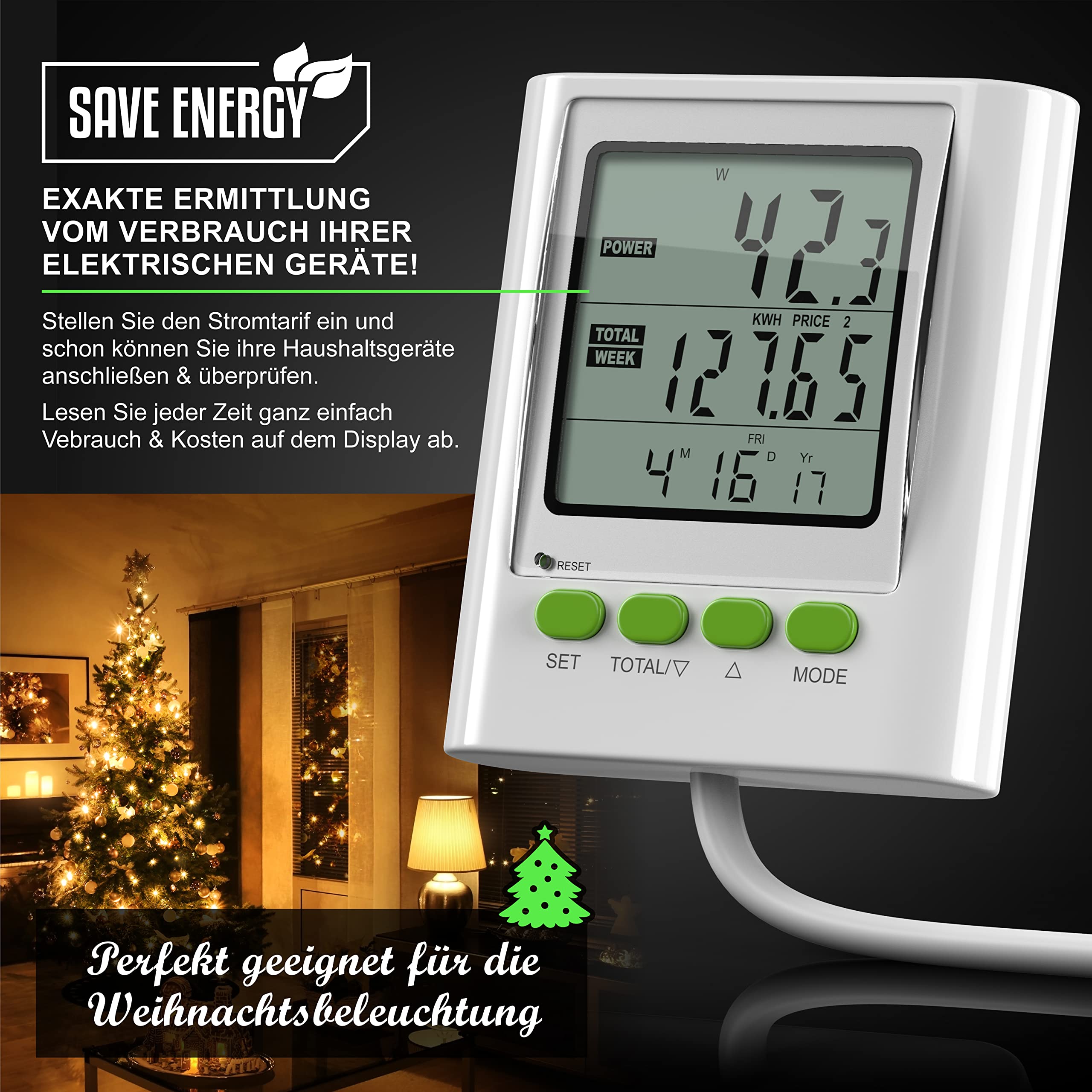 CSL-Computer Stromkostenmessgerät mit Kabelverlängerung und Stromkostenmonitor, Datum, Uhrzeit, Kosten, CO2-Einstellungen, 3680 W