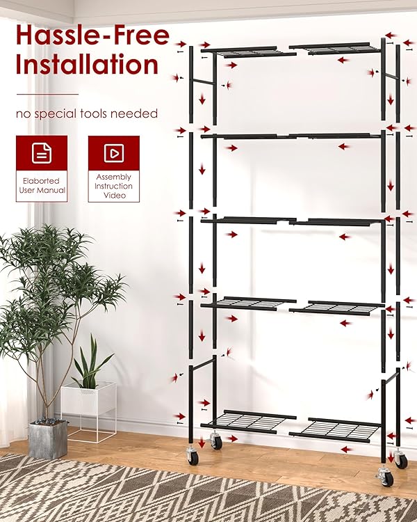Sakugi 5 Tier Shelf with Wheels - Heavy Duty Metal Storage Shelves with Adjustable Leveling Feet, Large Capacity Shelving Unit with Multiple Hooks for Kitchen, Pantry, Office (84 x 32 x 187 cm, Black) by Sakugi - Image 5