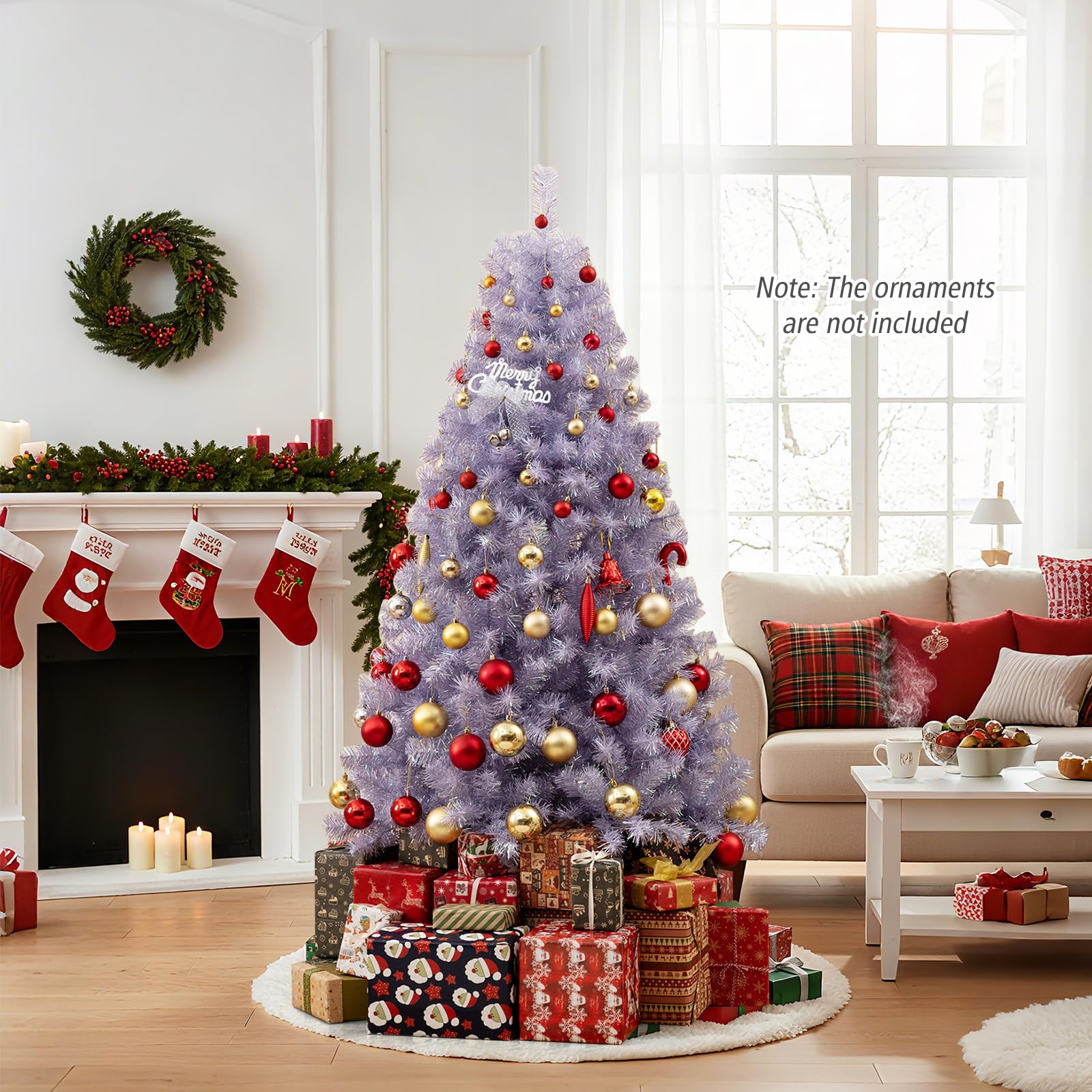 GYMAX Sapin de Noël Artificiel 180cm Violet Lumineux LED avec 250 Lumières Blanc Chaud, 8 Modes d'Éclairage, 688 Branches à à Sequins, Décoration de Fête pour Domicile, Bureau
